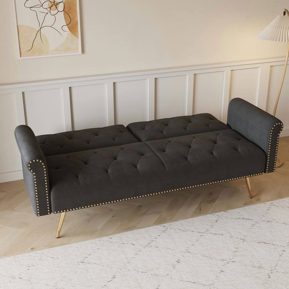 Angle. Kadyn - 69.7" Velvet Sofa Bed with Nail Head Trim & Matching Throw Pillow - Black.