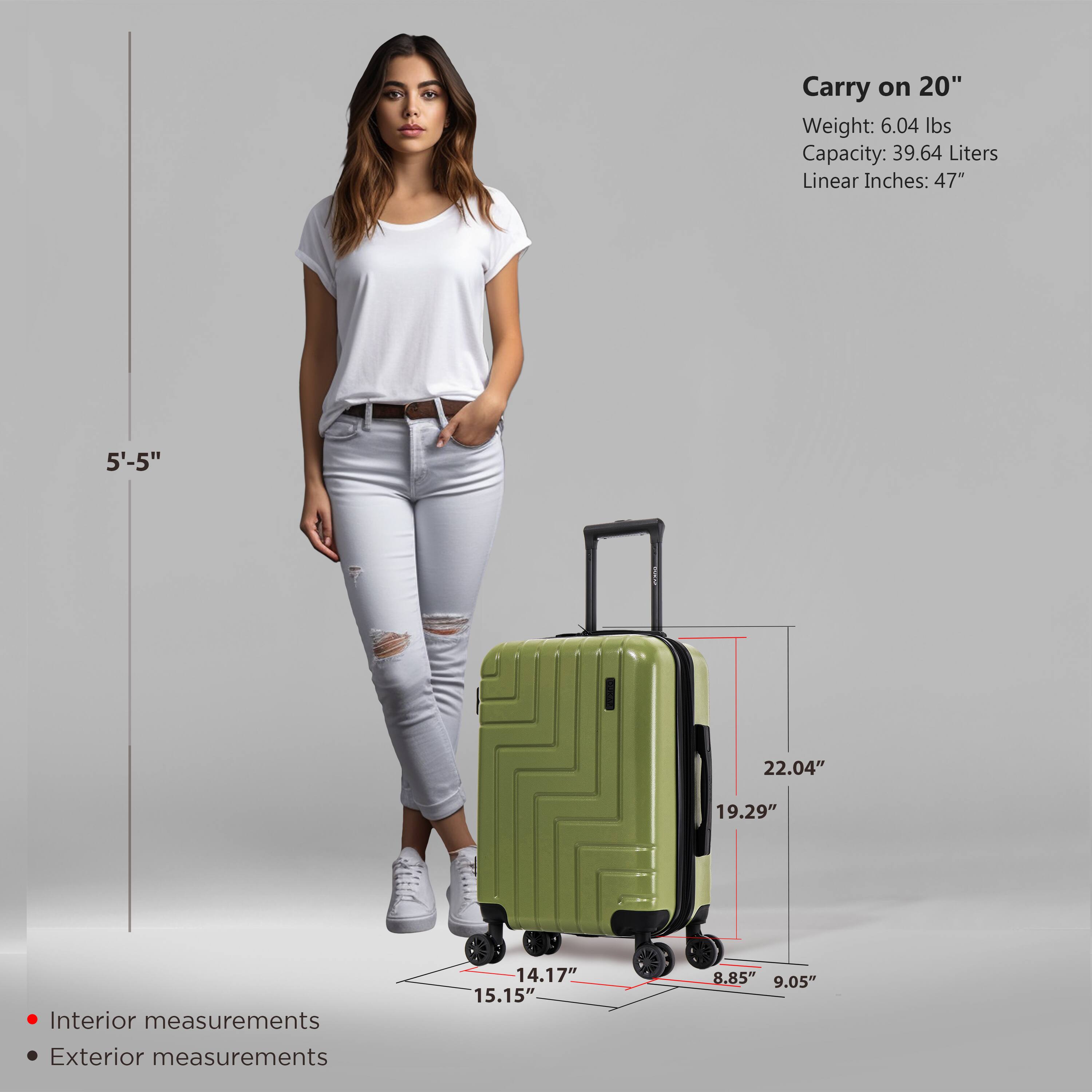 Carry on 20"  
Weight: 6.04 lbs  
Capacity: 39.64 Liters  
Linear Inches: 47"  

Interior measurements:  
14.17" x 15.15" x 8.85"  

Exterior measurements:  
22.04" x 19.29" x 9.05"  

5'-5"