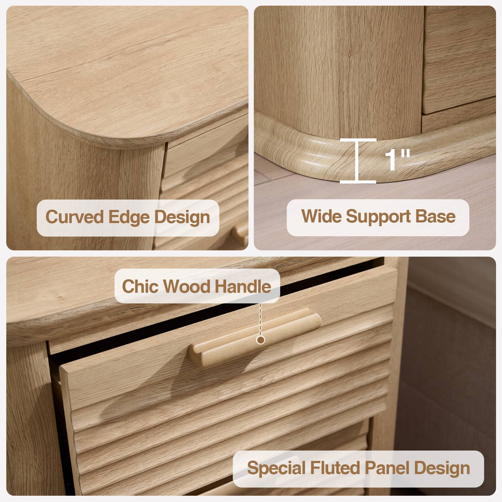 - Curved Edge Design
- 1" Wide Support Base
- Chic Wood Handle
- Special Fluted Panel Design