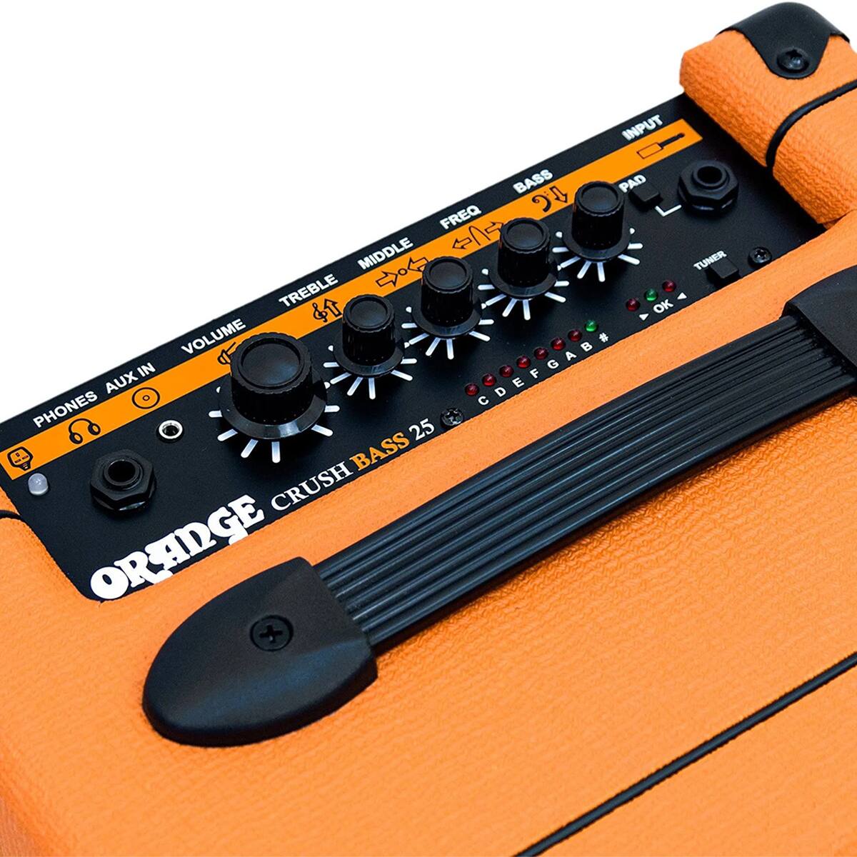 INPUT BASS 1 PAD FREQ 20 s MIDDLE TUNER TREBLE $ OK 4 Y VOLUME - # -  - A IN CDEFGAB# 4 G  F AUX PHONES 25 BASS CRUSH ORANGE +