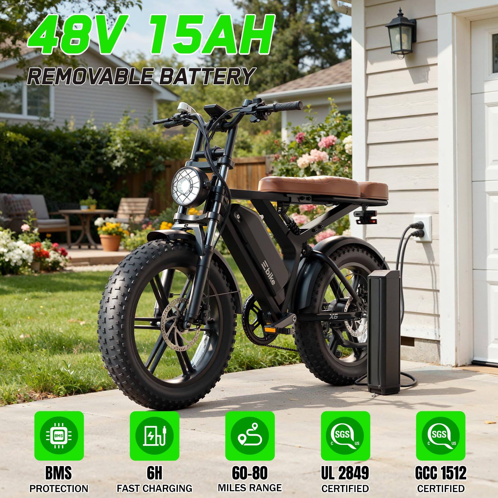 48V 15AH REMOVABLE BATTERY  
BMS PROTECTION  
6H FAST CHARGING  
60-80 MILES RANGE  
UL 2849 CERTIFIED  
GCC 1512 CERTIFIED
