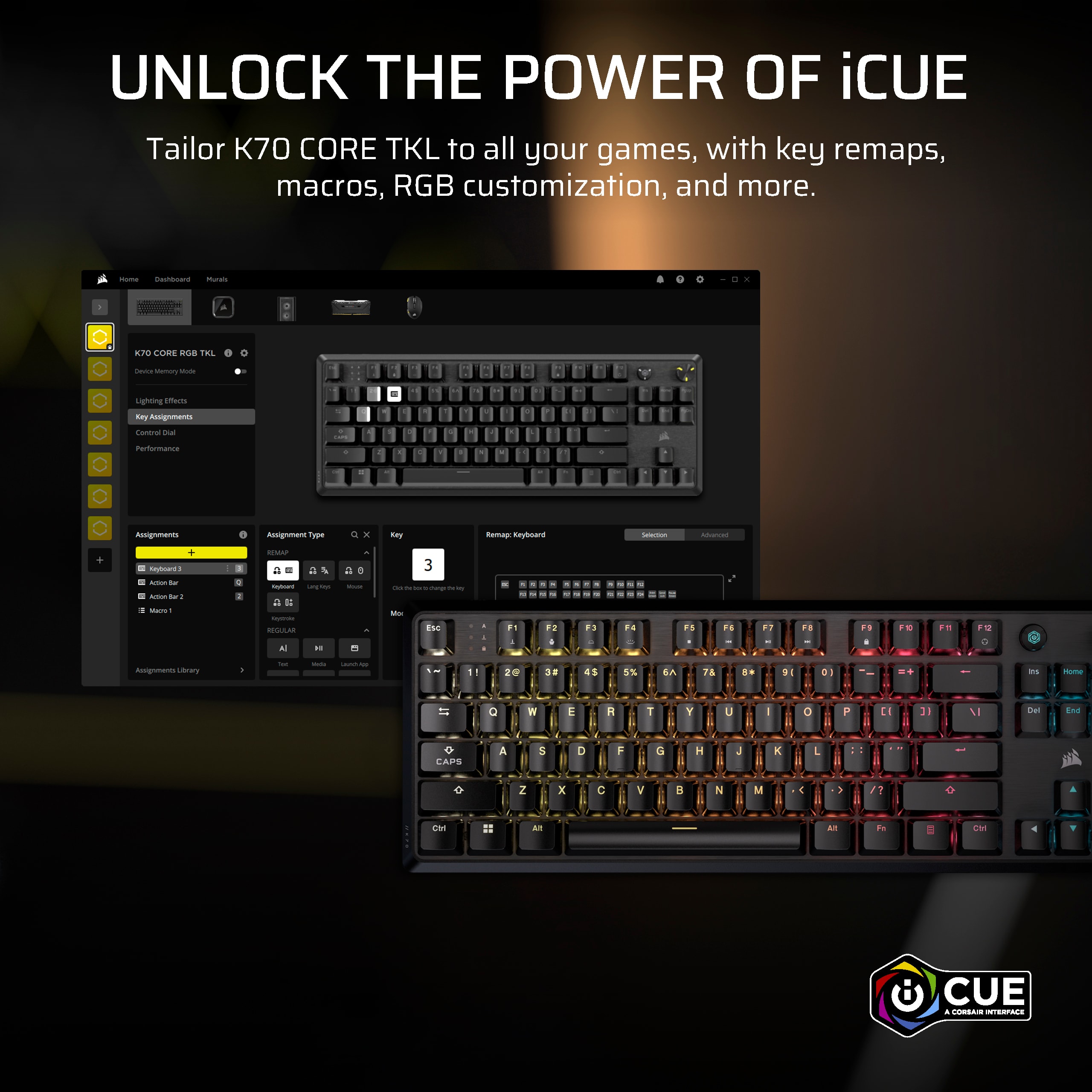 UNLOCK THE POWER OF CUE: Tailor K70 CORE TKL to all your games, with key remaps, macros, RGB customization, and more.