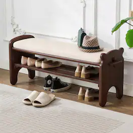 Whisen - Solid Wood Shoe Storage Bench with Faux Leather Cushion, 2-Tier Entryway Bench Rack - Walnut