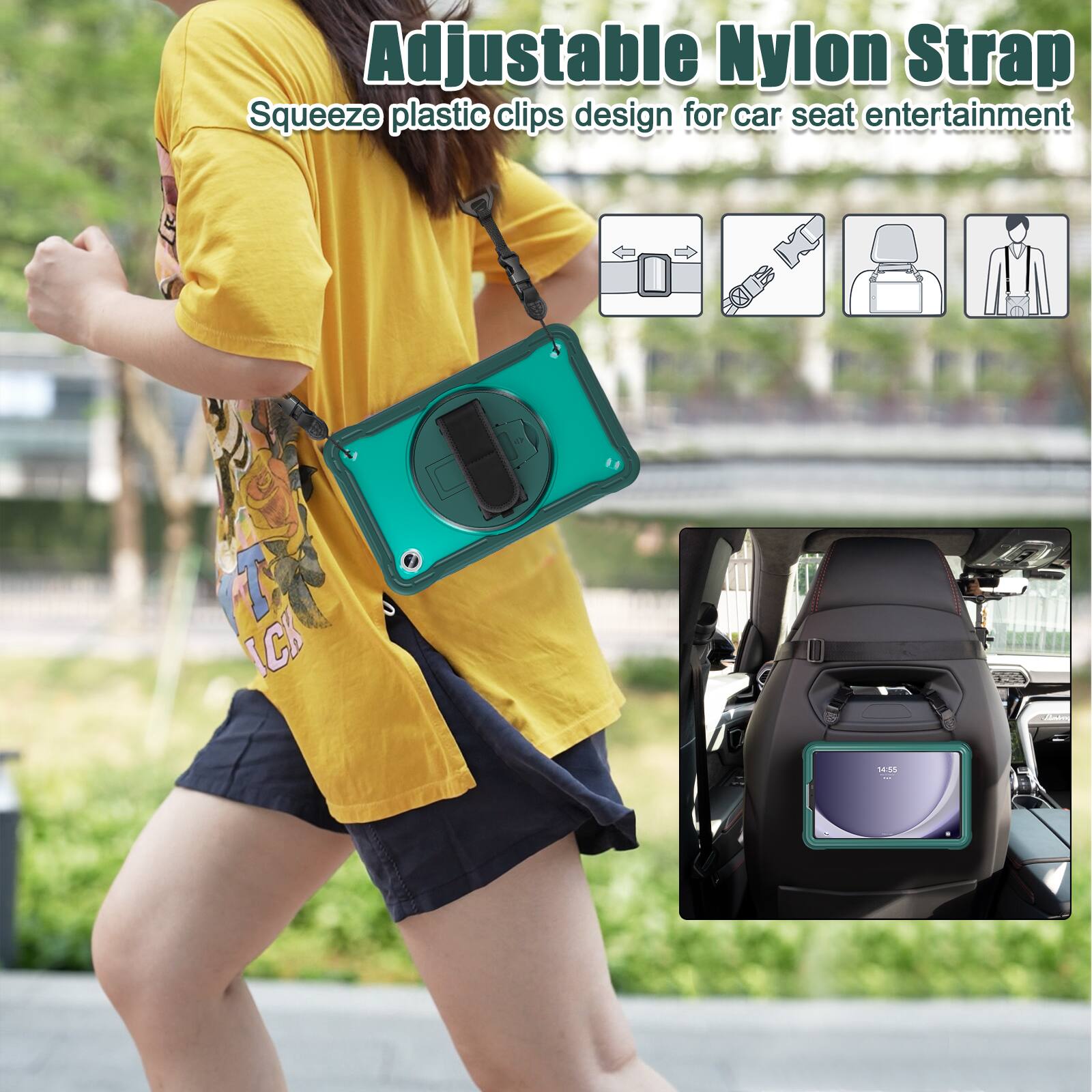 Adjustable Nylon Strap  
Squeeze plastic clips design for car seat entertainment