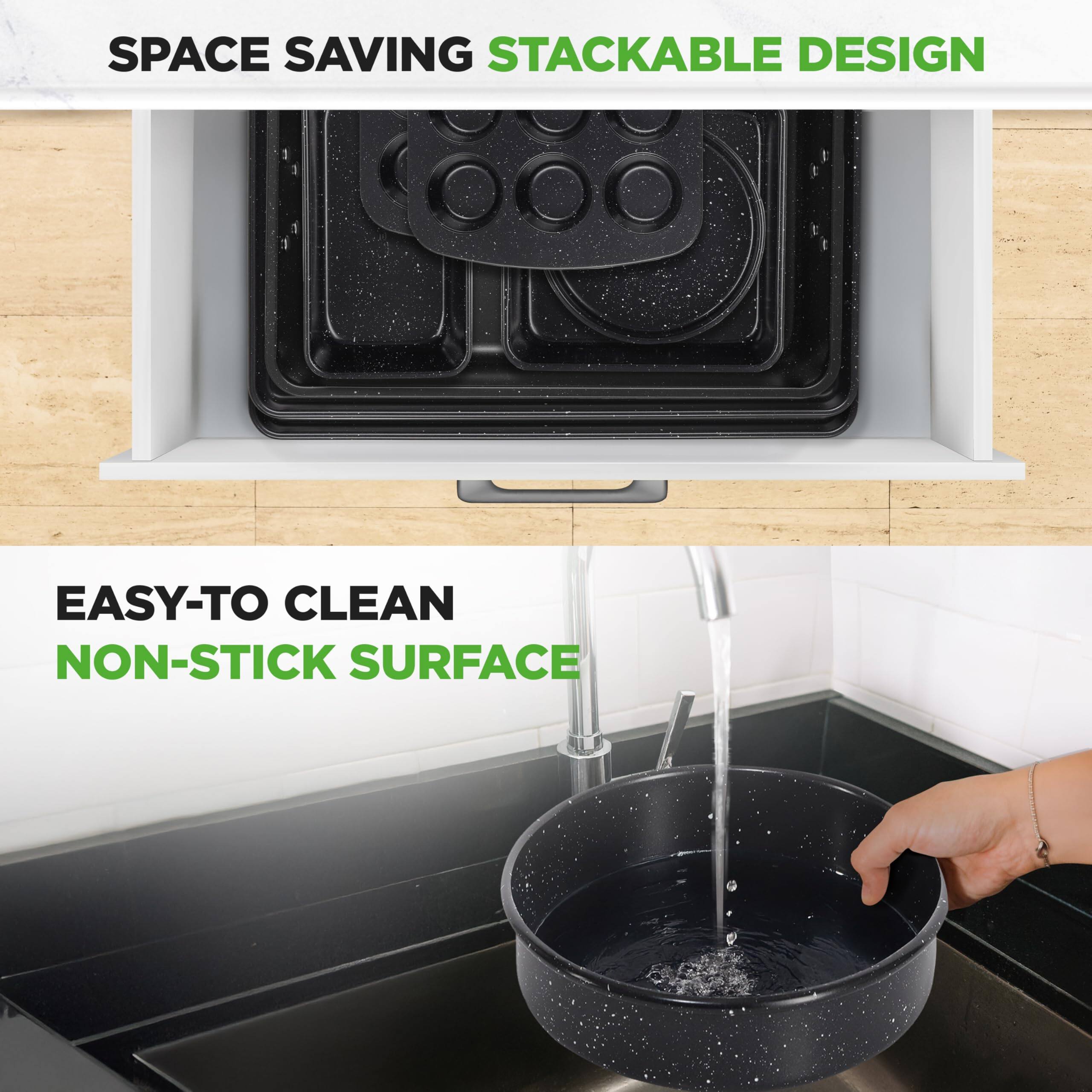SPACE SAVING STACKABLE DESIGN

EASY-TO CLEAN NON-STICK SURFACE
