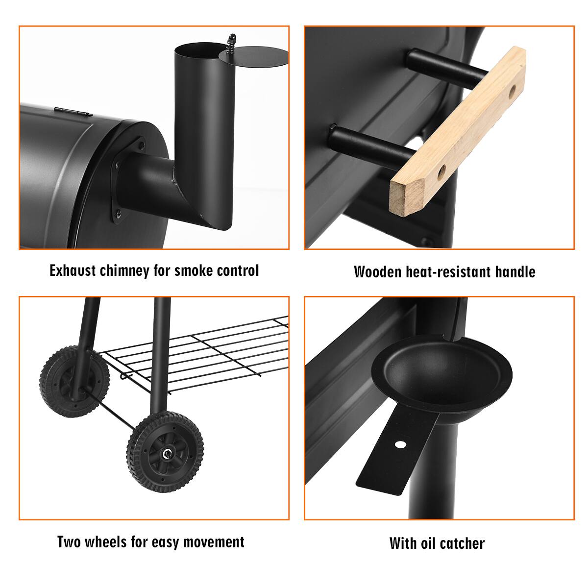 The image shows a collection of different items, including an exhaust chimney for smoke control, a wooden heat-resistant handle, two wheels for easy movement, and an oil catcher. These items are likely used for various purposes, such as cooking, ventilation, and transportation. The image provides a clear view of each item, allowing the viewer to understand their functions and uses.