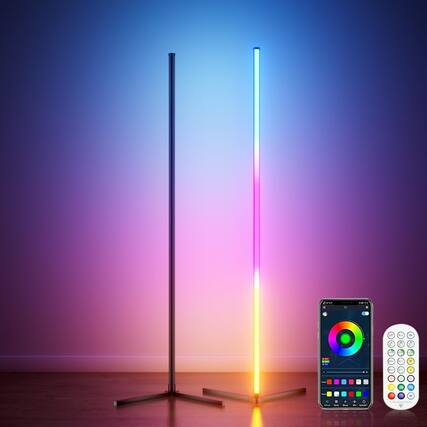 Front. PARKER SLATER - 2PCS RGB corner floor lamps, 64.5" color-changing LED with app and remote, music sync, dimmable ambient bedroom lighting - RGB (Red, Green, Blue).