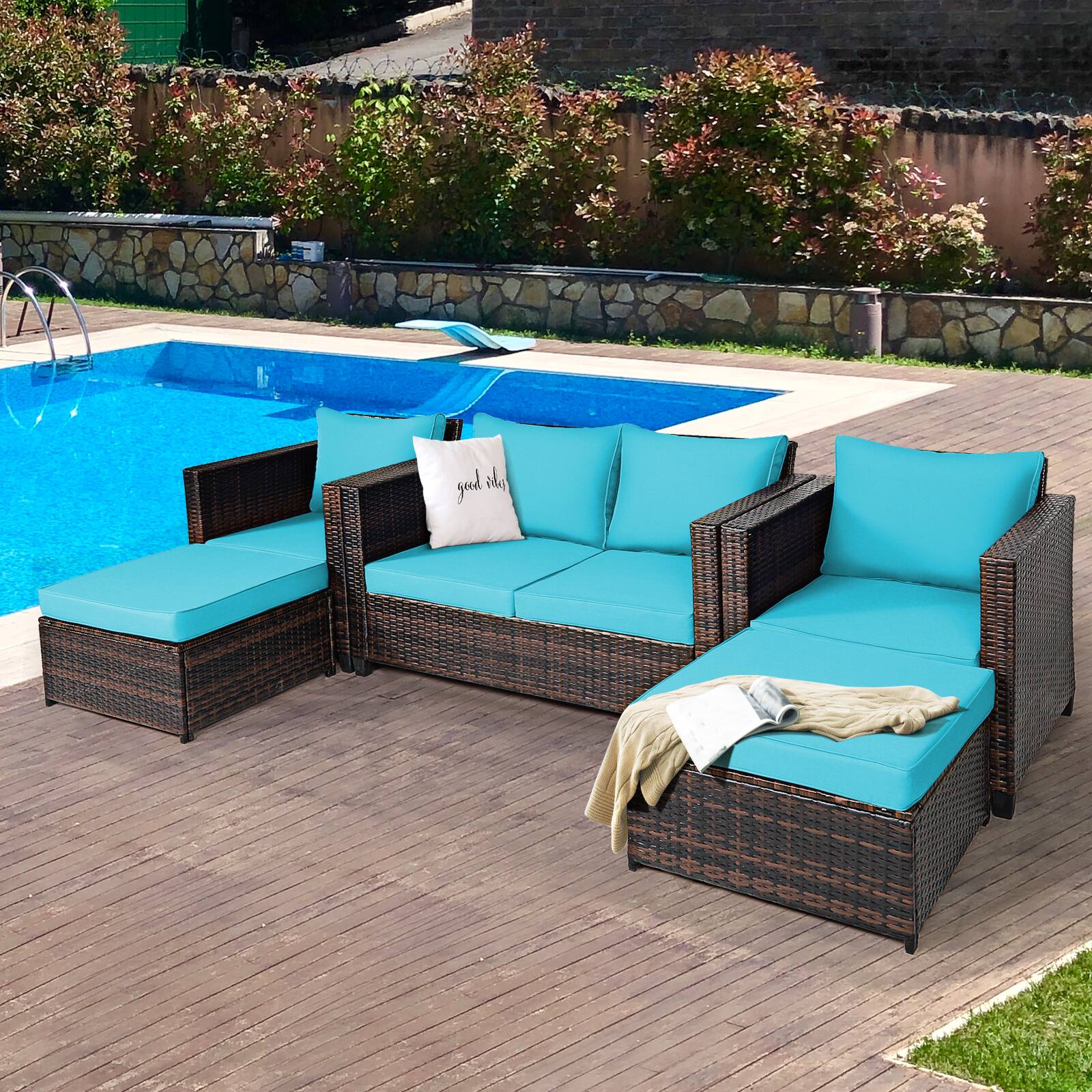 Alt View 9. Gymax - Gymax 5PCS Outdoor Patio Rattan Conversation Sofa Furniture Set w/ Turquoise Cushions - Turquoise.