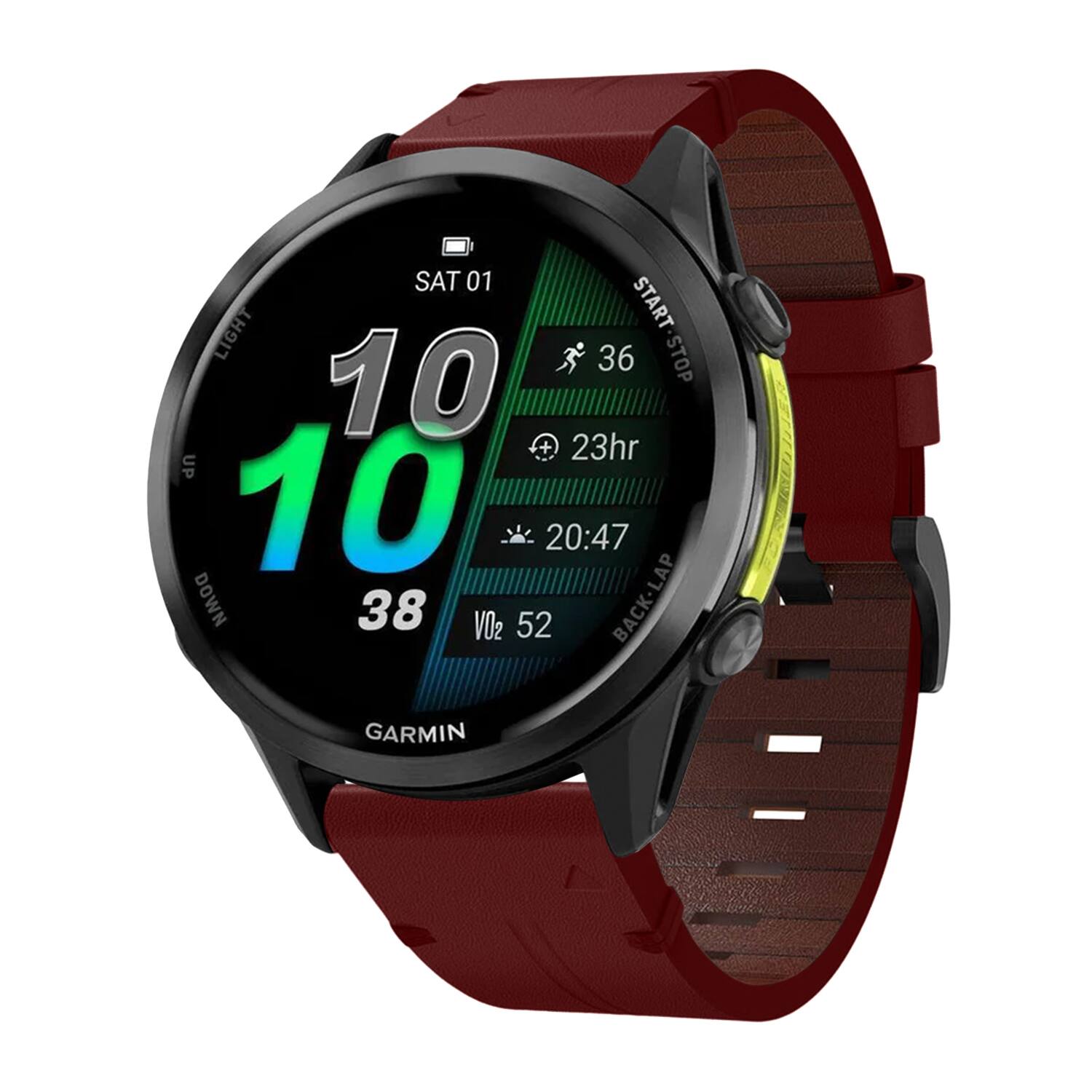 SAT 01 LIGHT START 10 36 STOP 23hr UP 10 20:47 DOWN 38 VO2 52 BACK-LAP GARMIN
