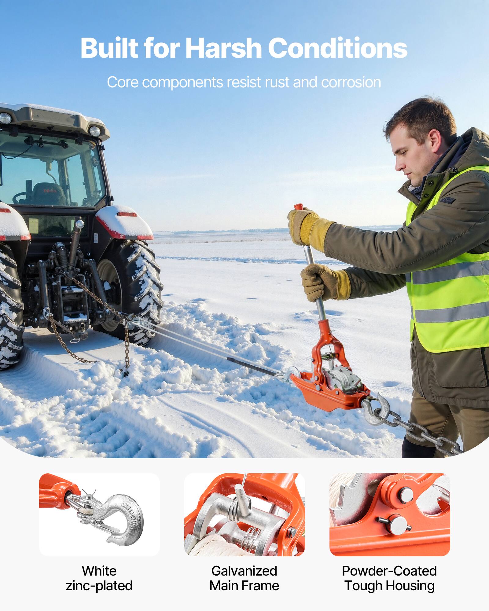 Built for Harsh Conditions  
Core components resist rust and corrosion  

VEAMOTS  
White zinc-plated  
Galvanized Main Frame  
Powder-Coated Tough Housing