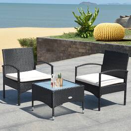 Costway - 3 PCS Furniture Set Table & 2 Chair Patio Wicker Rattan W/Cushion - Black