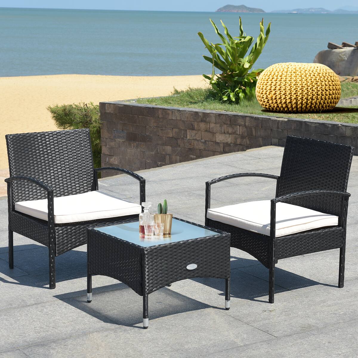 Alt View 1. Costway - Costway 3 PCS Furniture Set Table & 2 Chair Patio Wicker Rattan W/Cushion - Black.