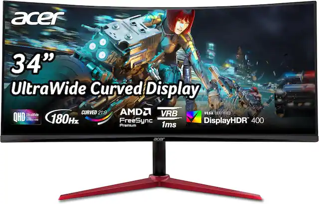 acer 34" UltraWide Curved Display, UltraWide CURVED 21:9, AMD VRB, VESA CERTIFIED, QHD 3440X1440, 180Hz, FreeSync, DisplayHDR 400, Premium 1ms, acer