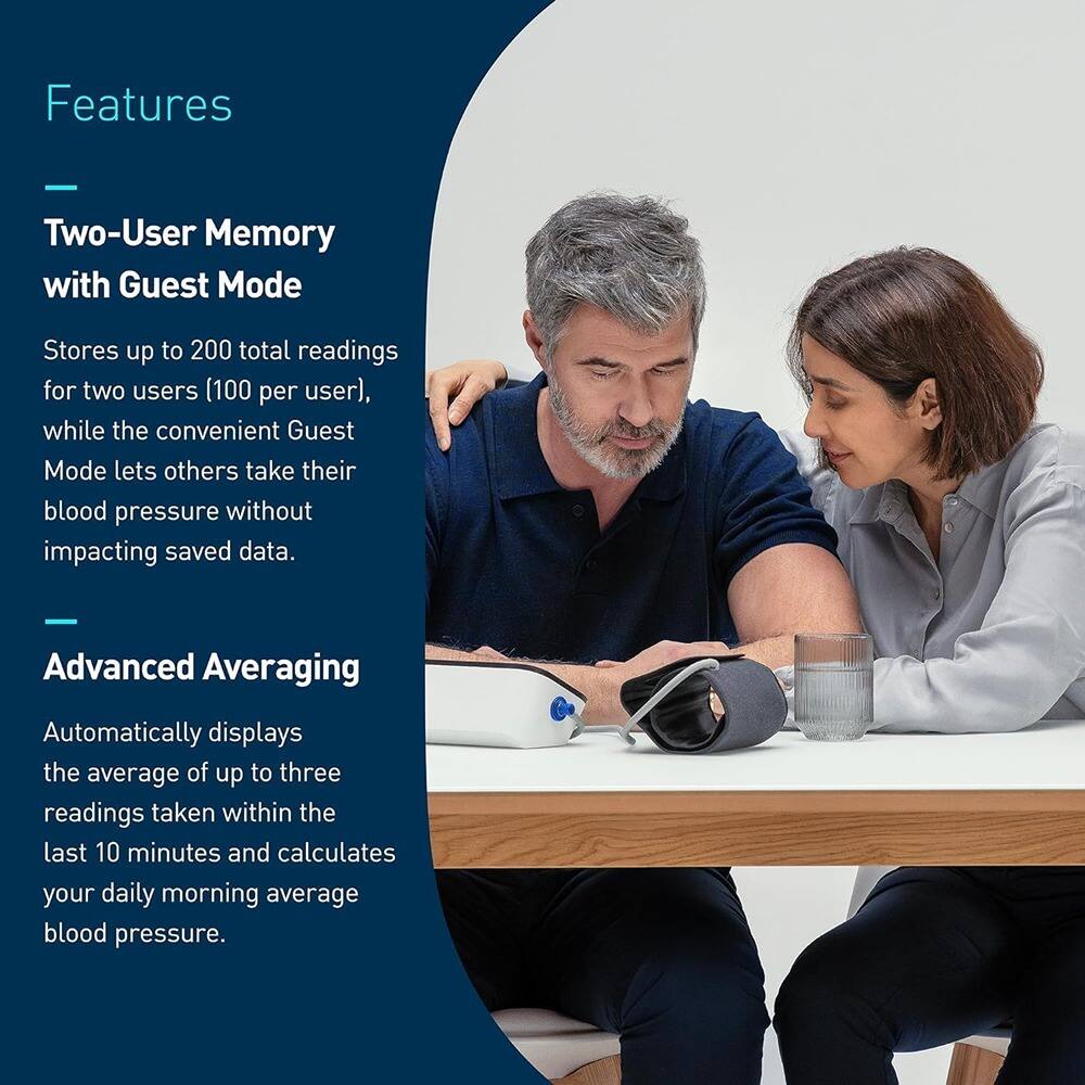 Features

---

**Two-User Memory with Guest Mode**

Stores up to 200 total readings for two users (100 per user), while the convenient Guest Mode lets others take their blood pressure without impacting saved data.

---

**Advanced Averaging**

Automatically displays the average of up to three readings taken within the last 10 minutes and calculates your daily morning average blood pressure.