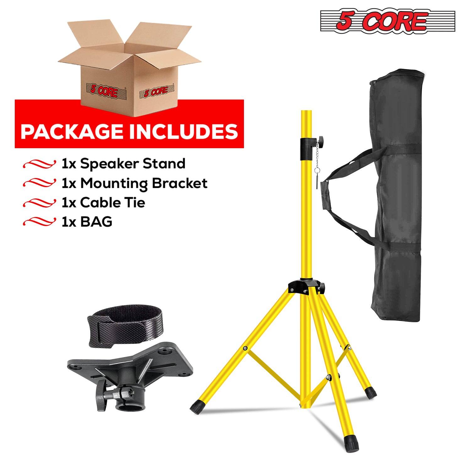 The corrected text from the image is:

"5 CORE PACKAGE INCLUDES
1x Speaker Stand
1x Mounting Bracket
1x Cable Tie
1x BAG"