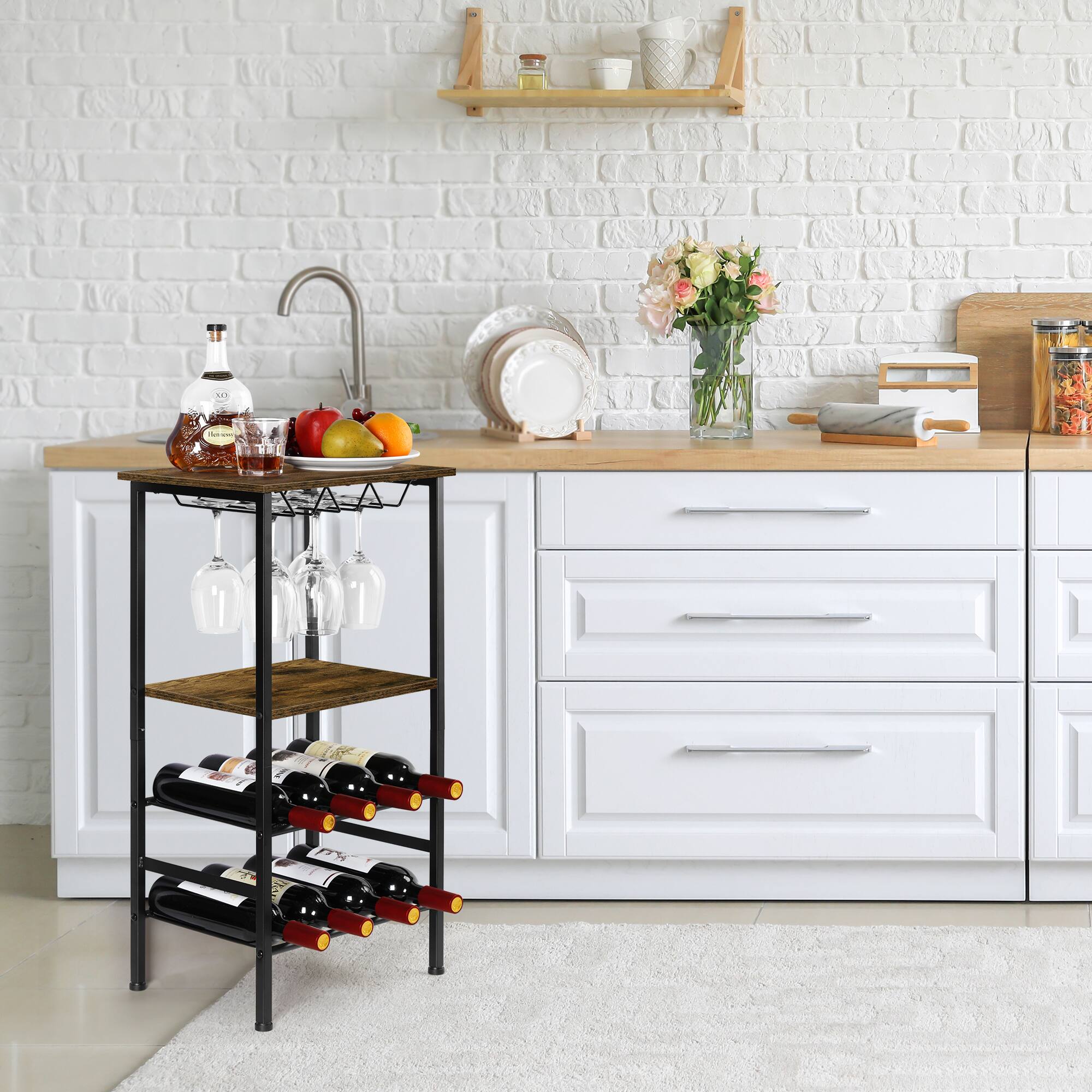 Alt View 1. Oumilen - Rustic Wine Rack Table with Glass Holder and Storage Shelves.