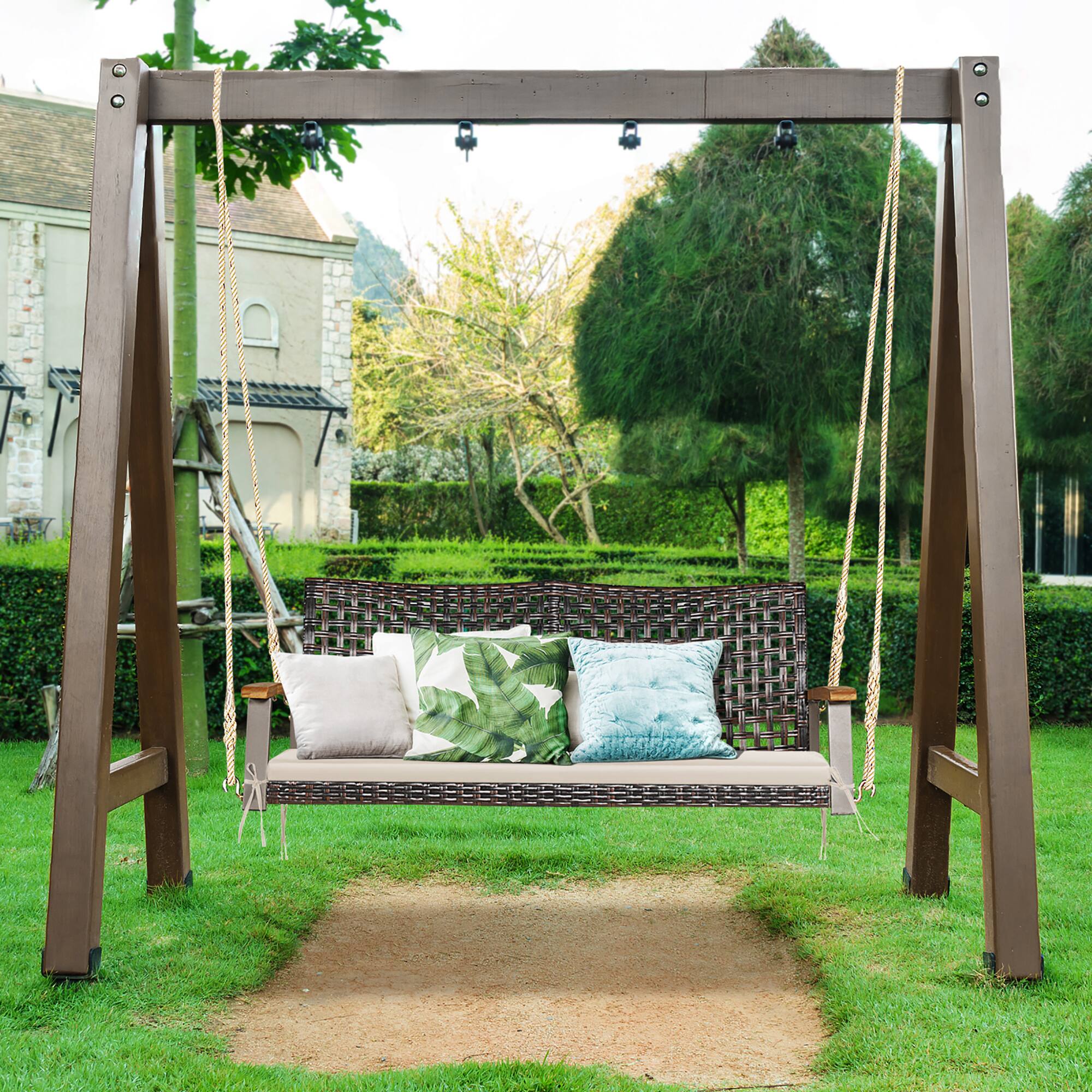 Alt View 2. Costway - Costway 2-Person Patio Rattan Hanging Swing Chair Porch Loveseat Cushion - Off White.