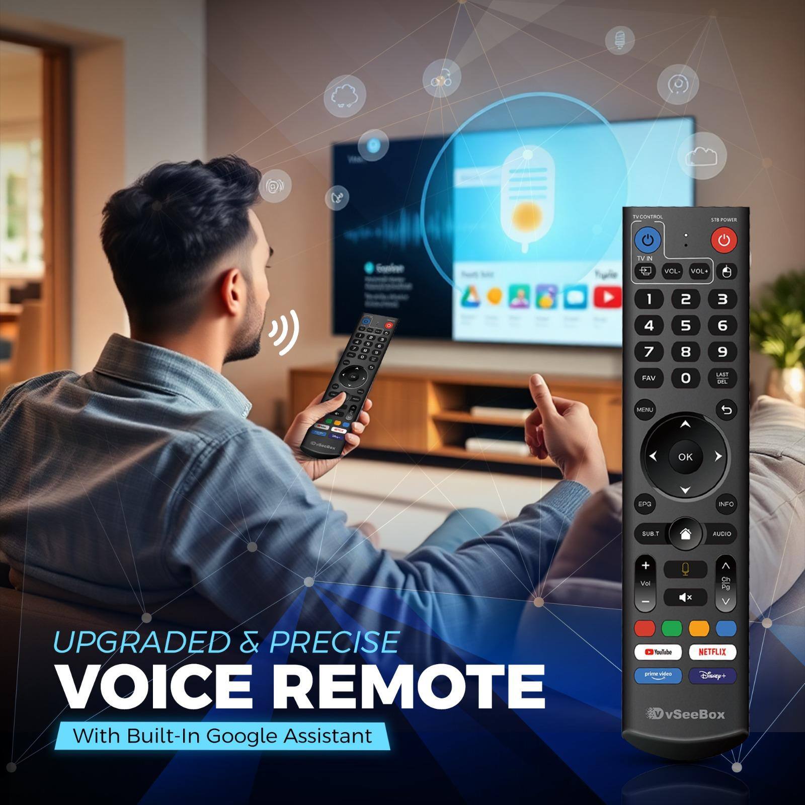 UPGRADED & PRECISE VOICE REMOTE  
With Built-In Google Assistant  

TV CONTROL  
TV ON  
VOL  
VOL+  
VOL-  
1 2 3  
4 5 6  
7 8 9  
0 DEL  
PAV  
MENU  
OK  
EQ  
INFO  
SUB.T  
AUDIO  
VOL  
VOL+  
VOL-  
YouTube  
NETFLIX  
prime video  
Disney+  
vSeeBox