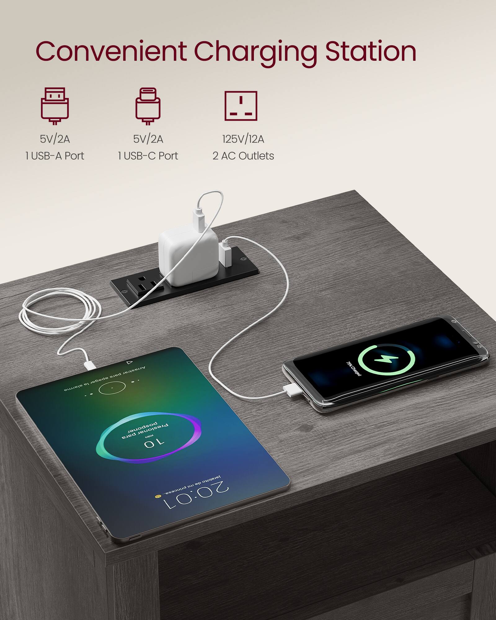 Convenient Charging Station  
5V/2A I USB-A Port  
5V/2A I USB-C Port  
125V/12A 2 AC Outlets