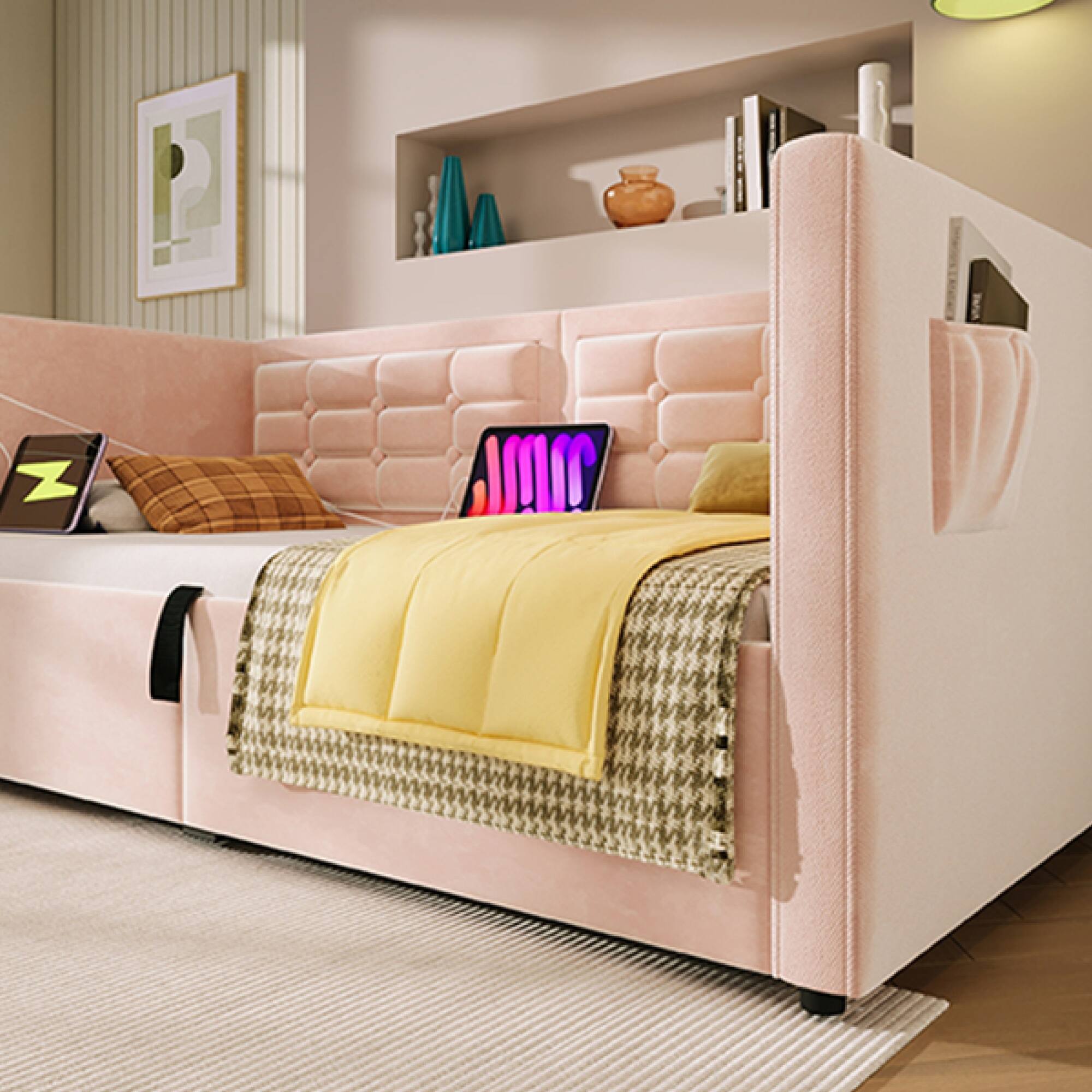 Left. GOODSILO - Upholstered Twin Size Daybed with Hydraulic Storage and USB Charging, Tufted Sofa Back Design - Pink.