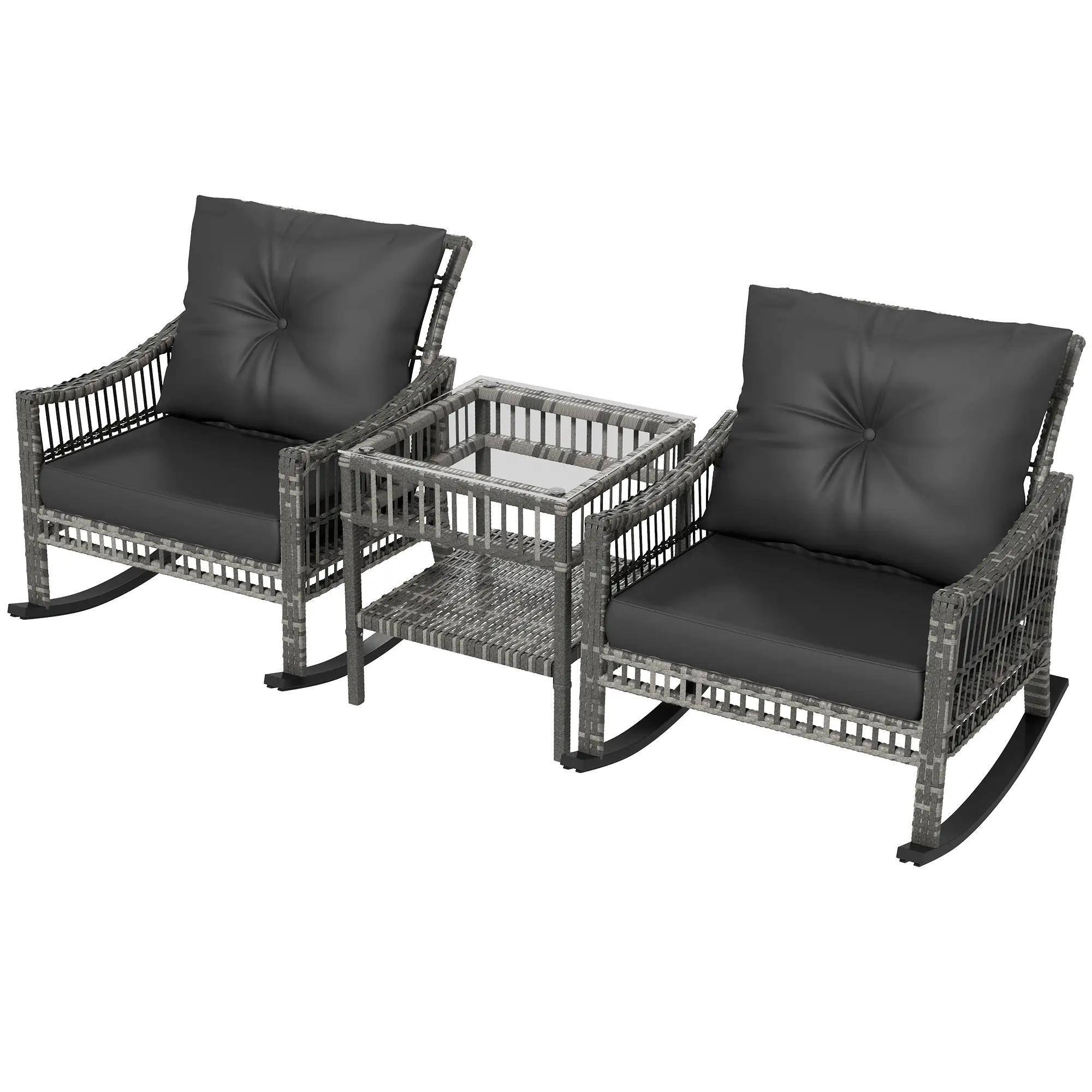 Front. Spaco - Spaco 3 Piece Rattan Rocker Chair Set, Outdoor Rocking Chairs, Glass Table - Grey.