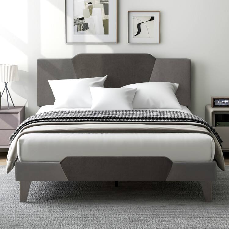Left. SlickBlue - Velvet Upholstered Bed Frame with High Padded Headboard for Bedroom - Grey.