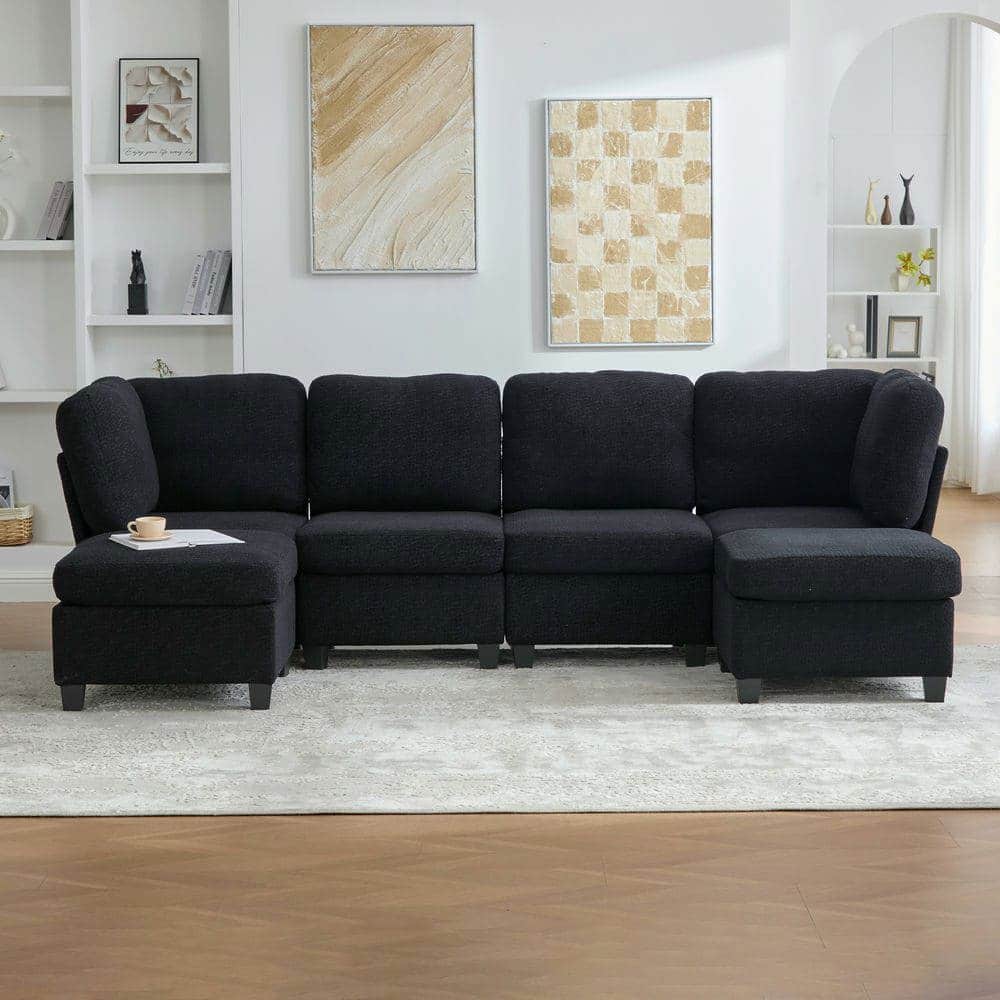 Kadyn - U-Shaped 6-Seat Sectional, Configurable Modular Couch with Chaise and Storage Ottoman, Black - Black