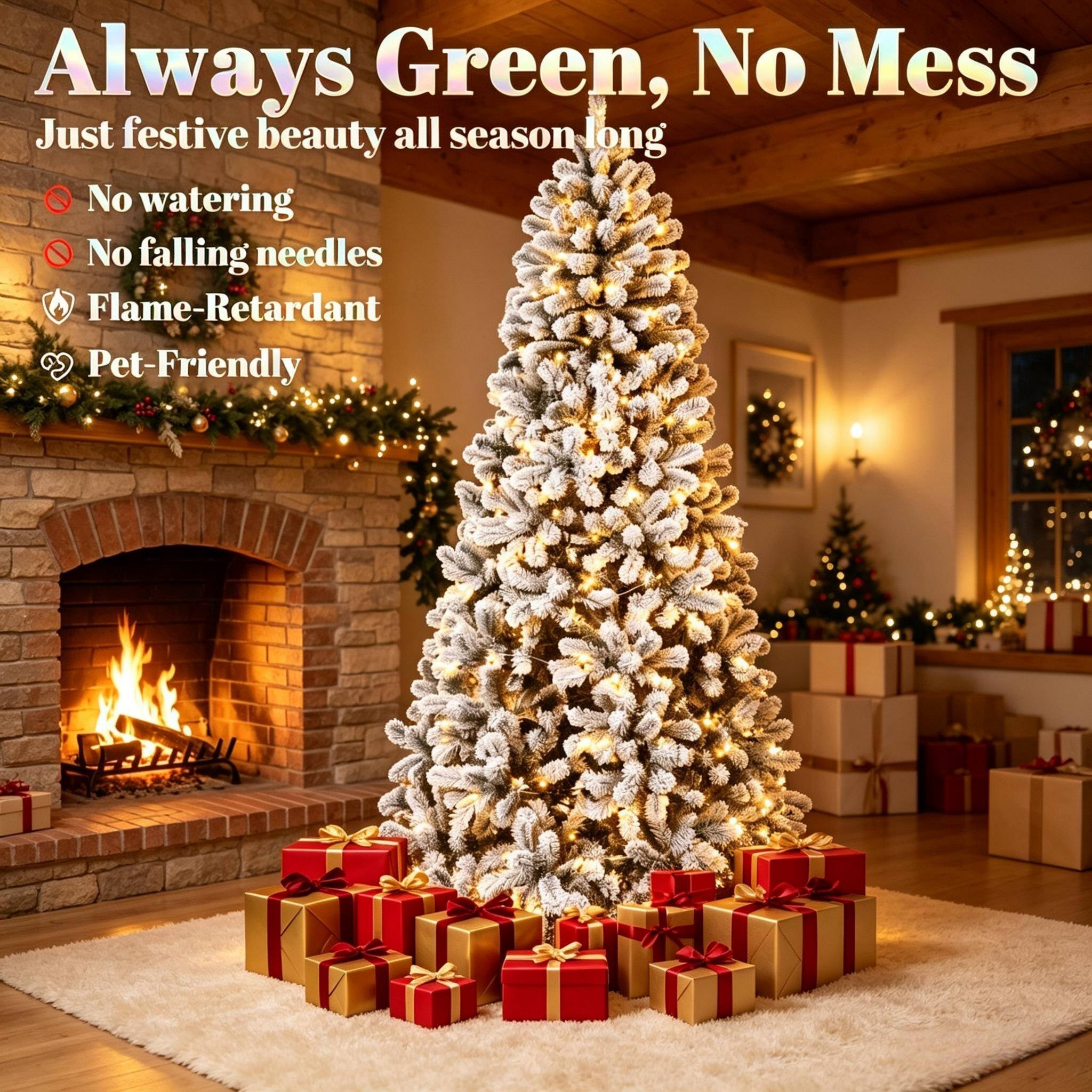 Always Green, No Mess  
Just festive beauty all season long  
No watering  
No falling needles  
Flame-Retardant  
Pet-Friendly
