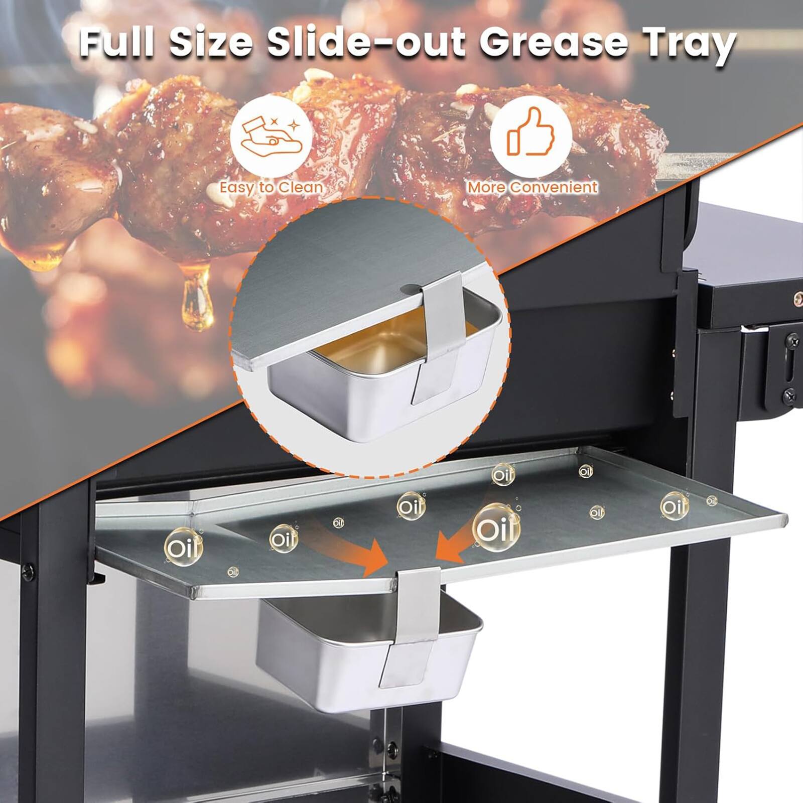Full Size Slide-out Grease Tray

- Easy to Clean
- More Convenient

Oil