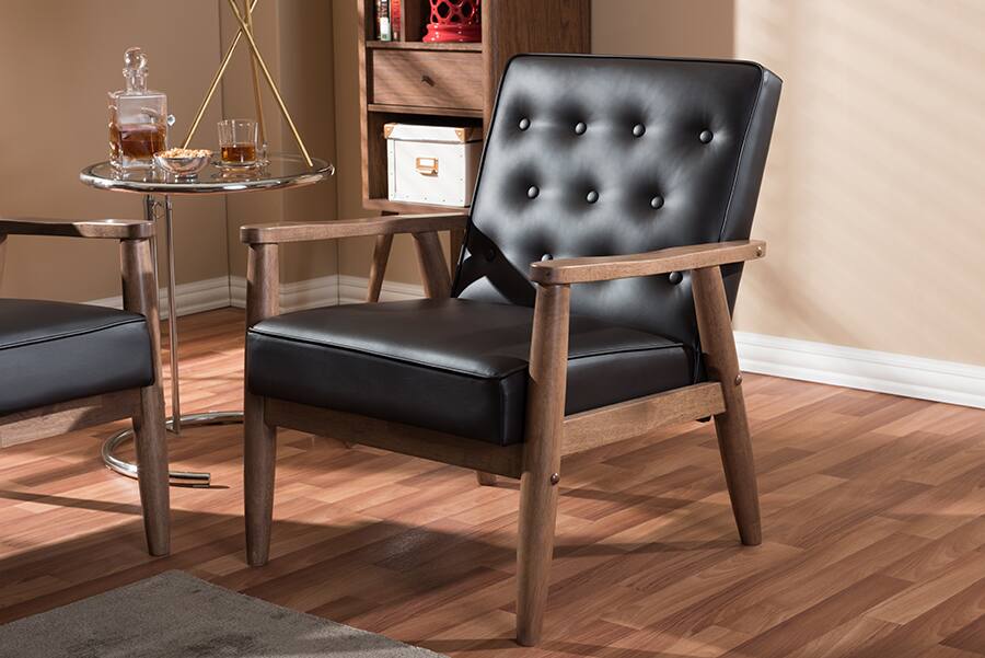 Back. Baxton Studio - Sorrento Mid-century Retro Modern Faux Leather Upholstered Wooden Lounge Chair - Dark Brown.