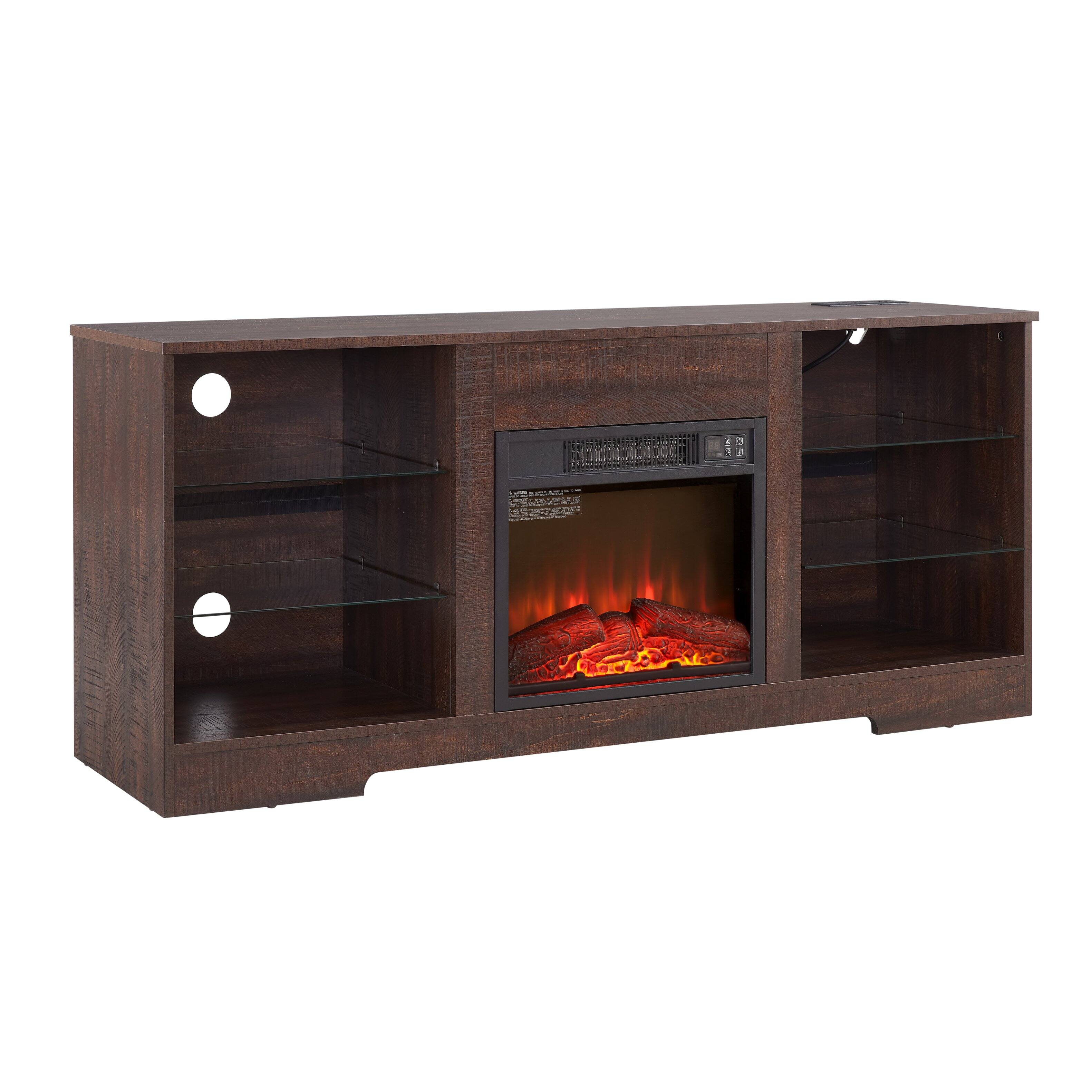 Left. Whisen - 58" Electric Fireplace TV Stand with Glass Shelves, LED Lights, Power Outlets for TVs up to 62" - Espresso|Black.