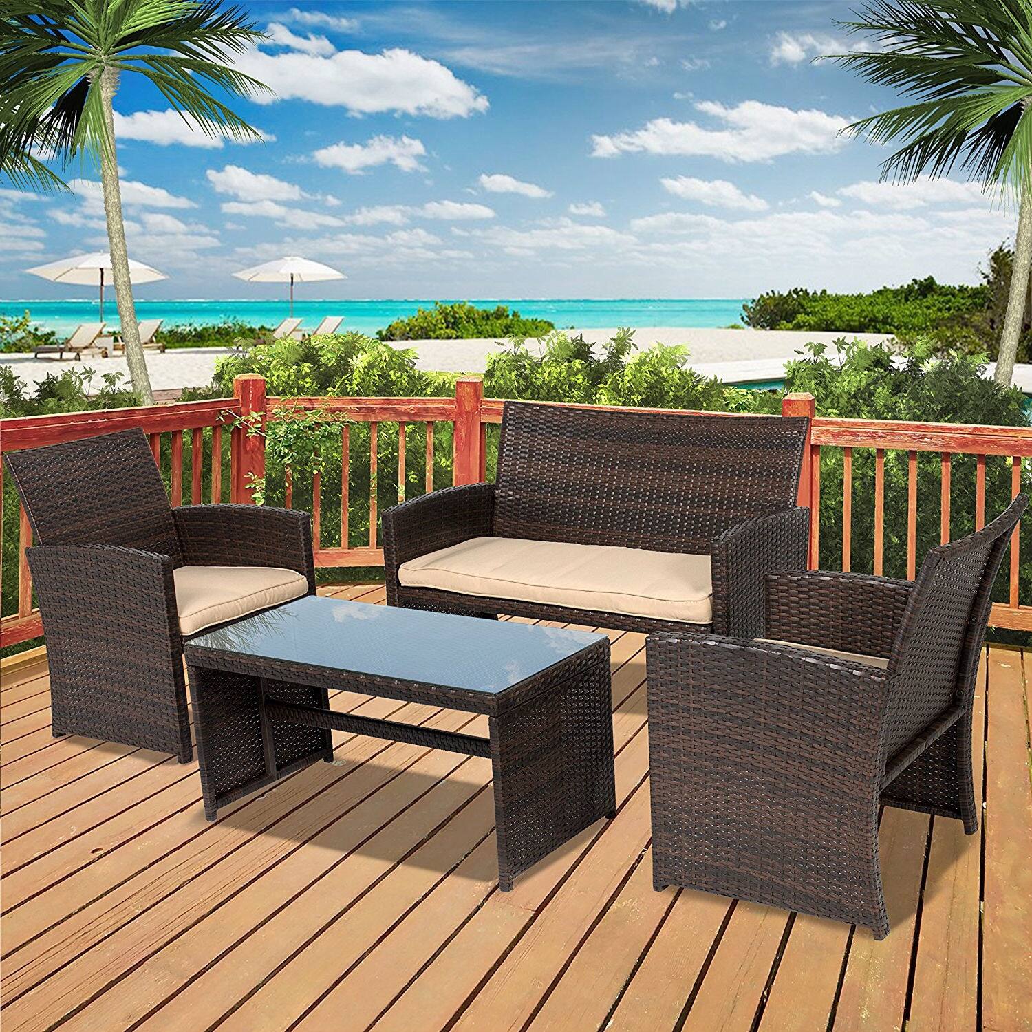 Angle. Hivvago - Brown Resin Wicker 4-Piece Modern Patio Furniture Set with Beige Cushions - Brown, Beige.