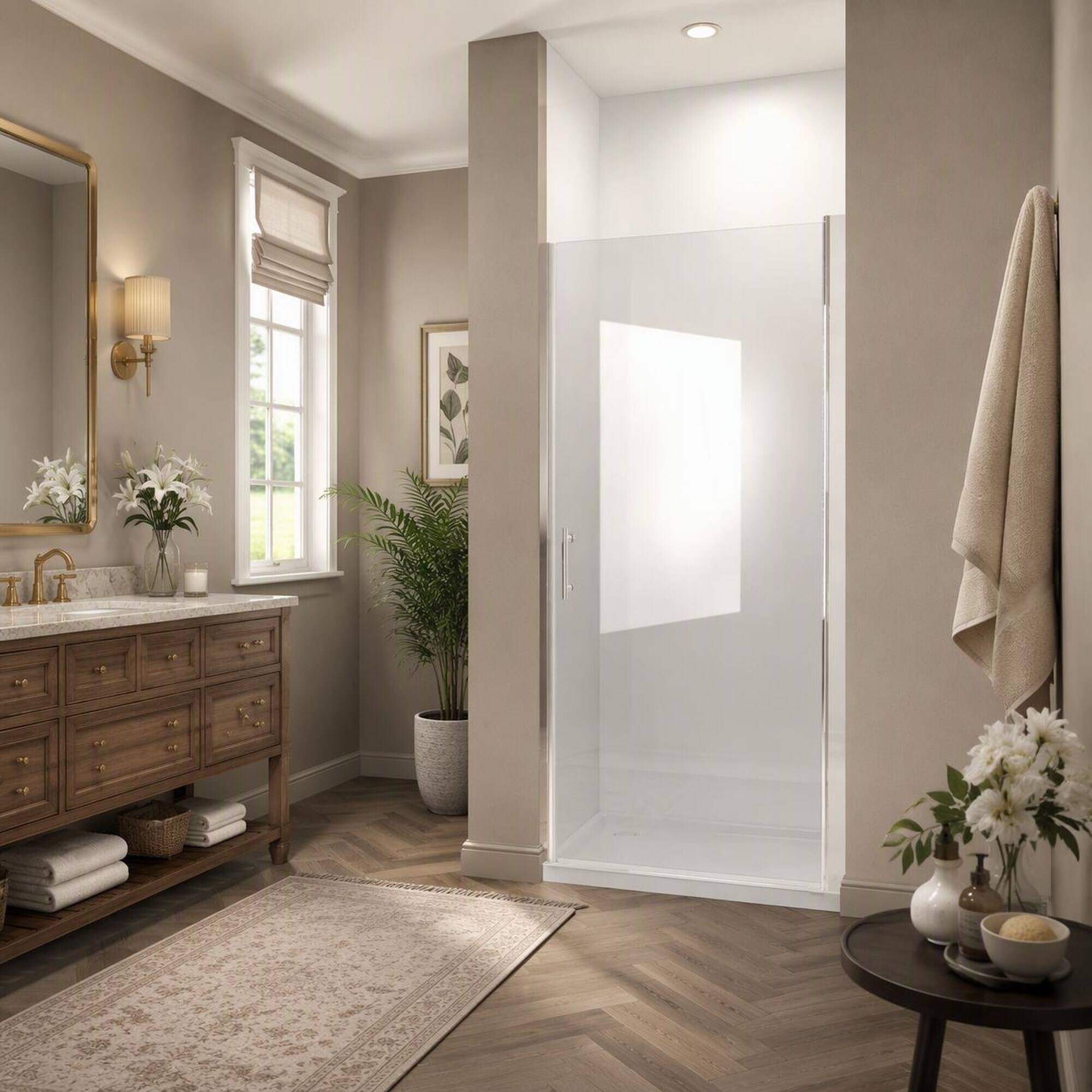 Left. RYHNUYNE - 28" X 72" Pivot Shower Door With 1/4" Tempered Glass, Brushed Nickel Frame And Steel Handle - Brushed Nickel.