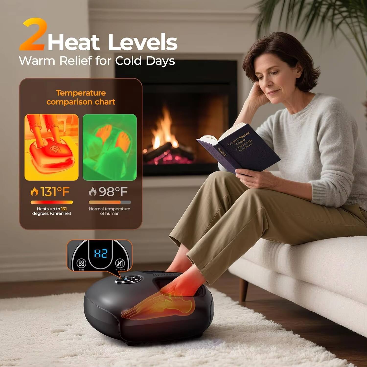 2 Heat Levels  
Warm Relief for Cold Days  

Temperature comparison chart  

131°F  
Heats up to 131 degrees Fahrenheit  

98°F  
Normal temperature of human