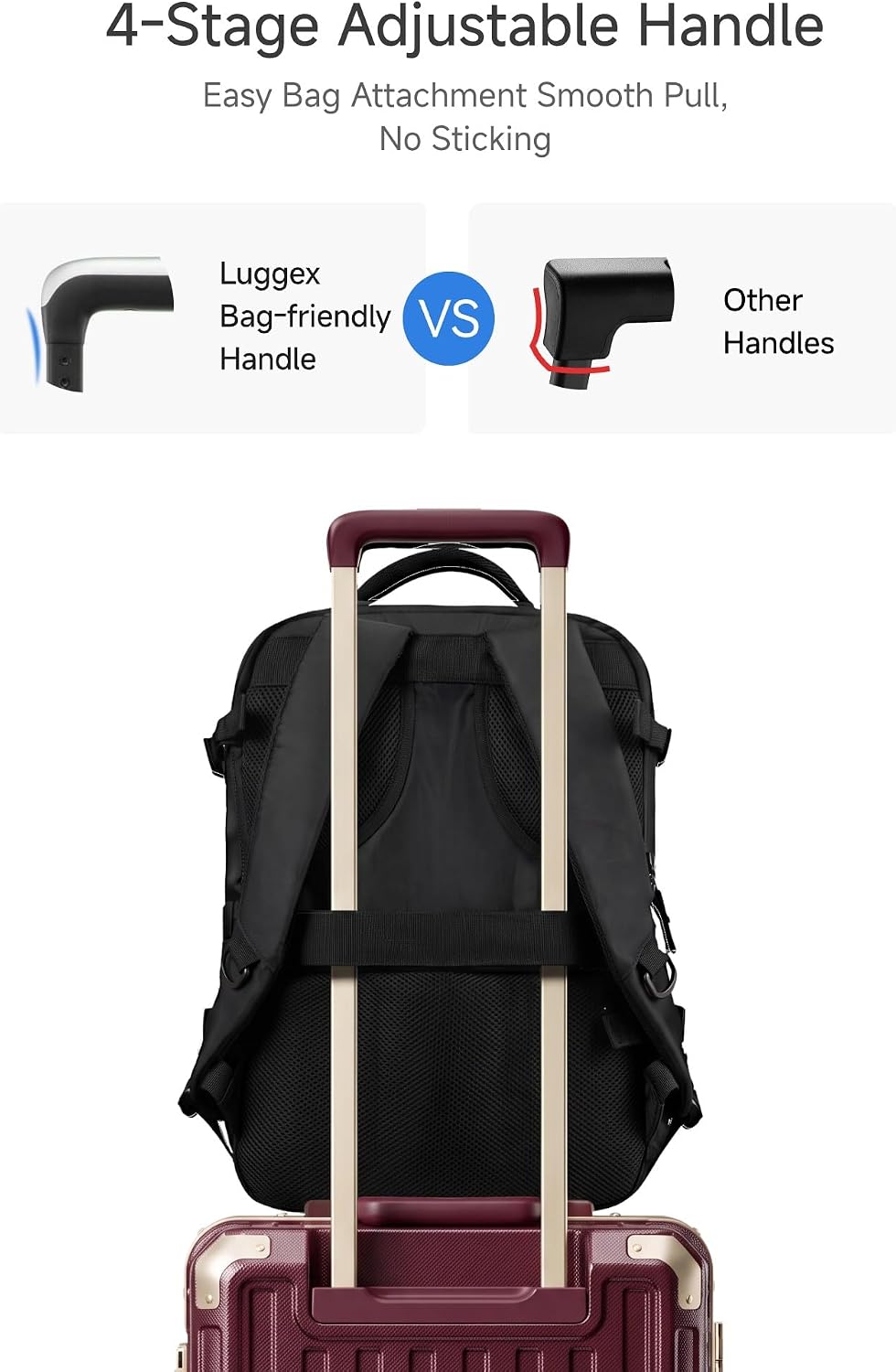 4-Stage Adjustable Handle  
Easy Bag Attachment Smooth Pull, No Sticking  

Luggex Bag-friendly Handle  
VS  
Other Handles