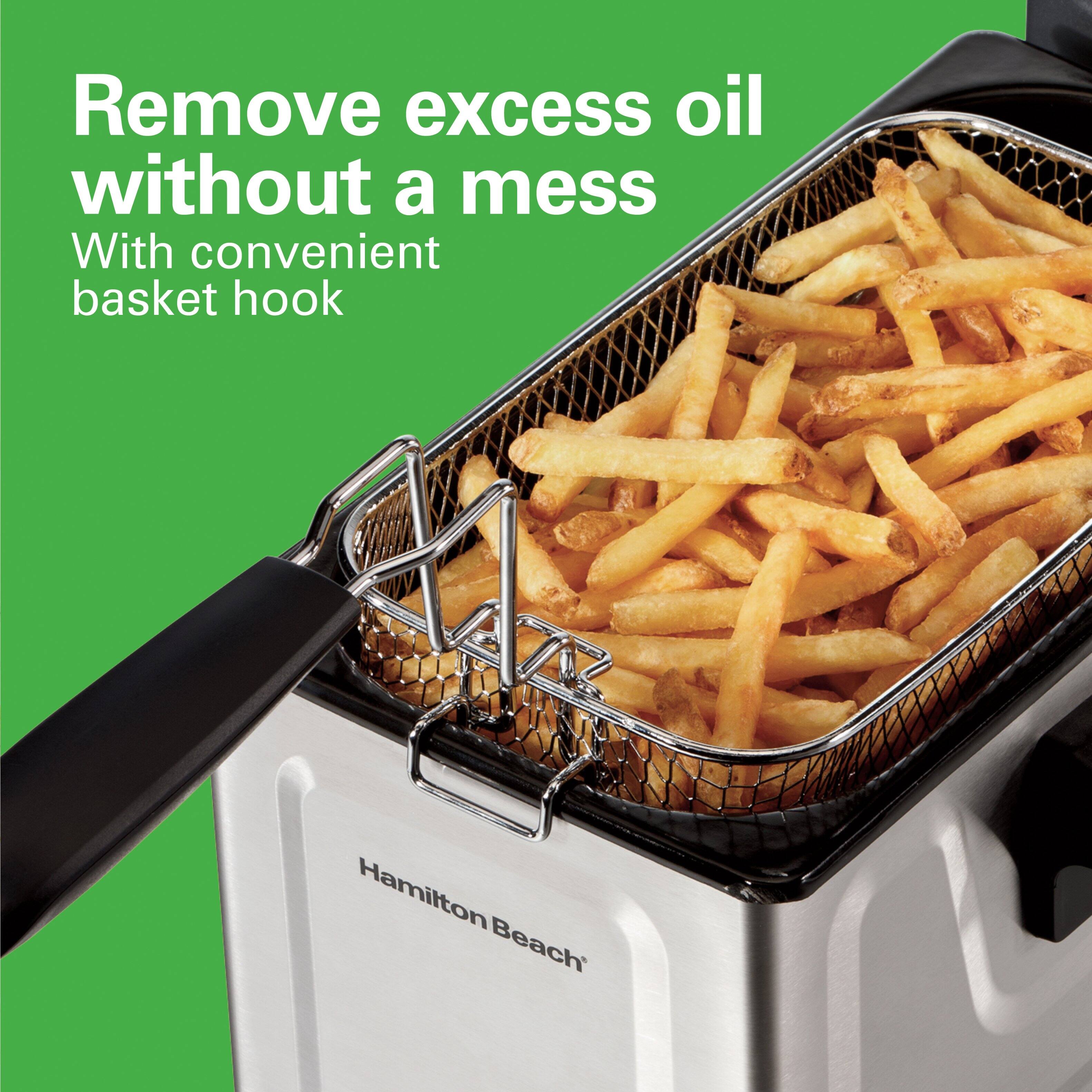 Remove excess oil without a mess  
With convenient basket hook