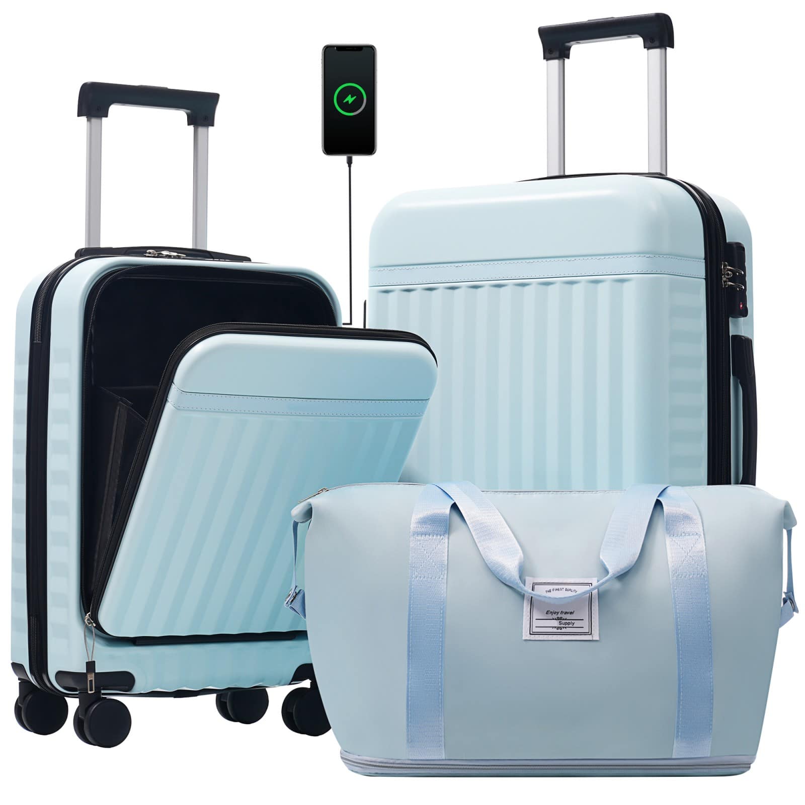 Ecooso - Front Opening Luggage Set 3 Piece, Hardside ,USB Port, Expandable Luggage with Handle Bag Spinner Wheels TSA Lock - Light Blue