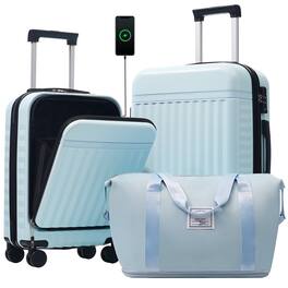 Ecooso - Front Opening Luggage Set 3 Piece, Hardside ,USB Port, Expandable Luggage with Handle Bag Spinner Wheels TSA Lock - Light Blue