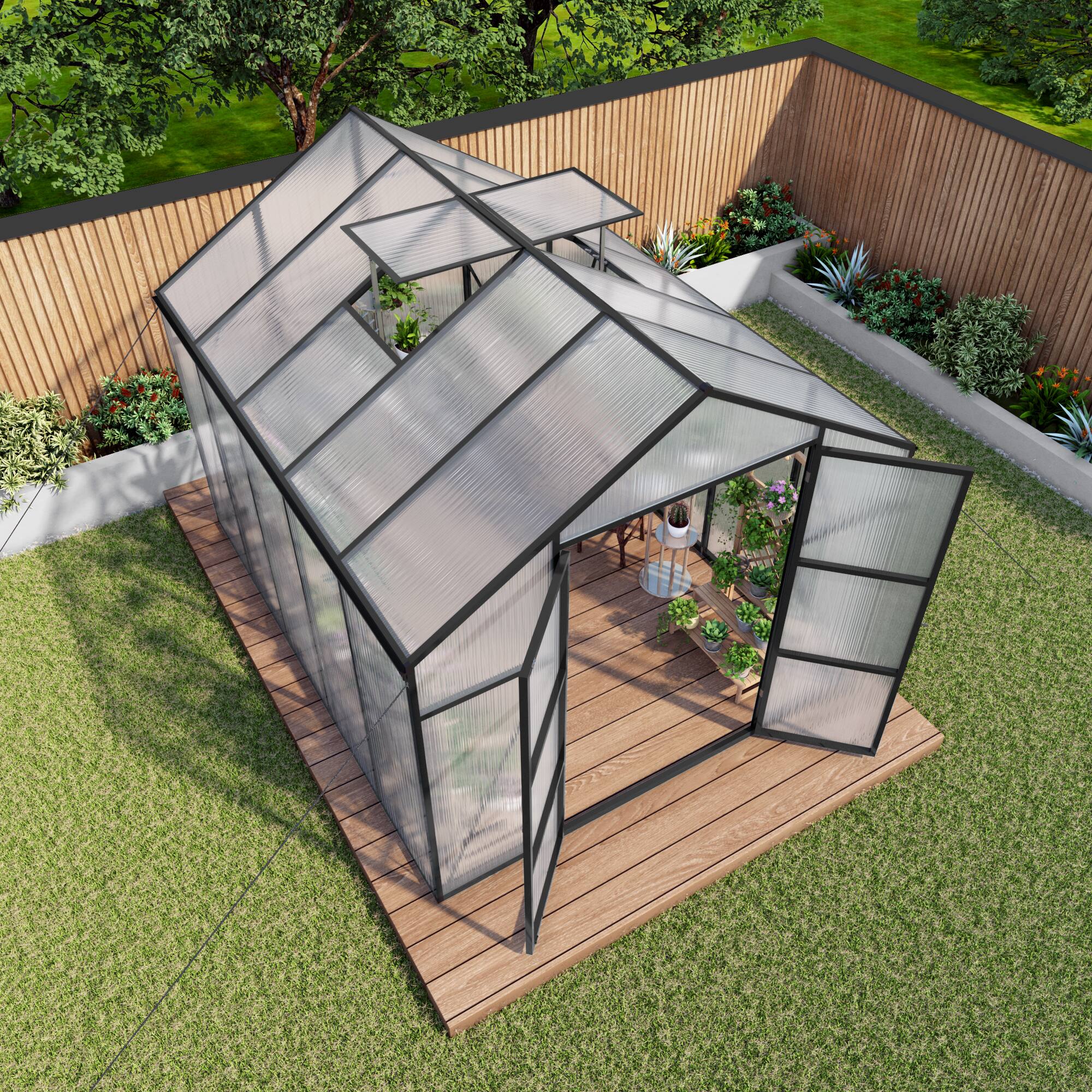 Left. Mondawe - 8x10 FT Polycarbonate Greenhouse With Aluminum Frame and Adjustable Roof Vents - Black.