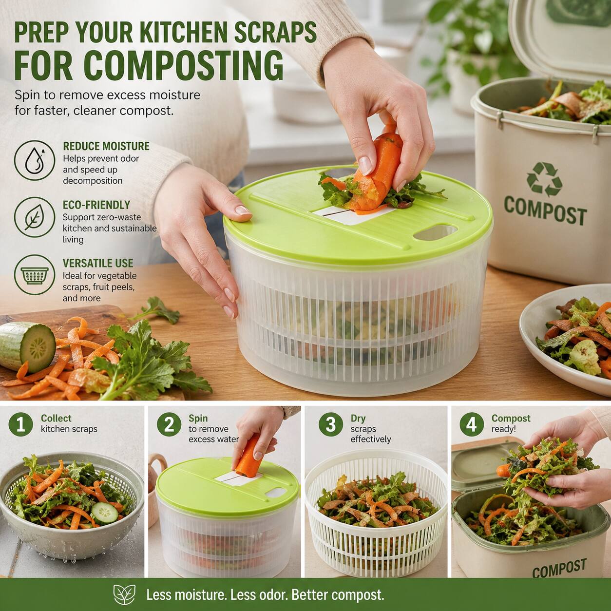 PREP YOUR KITCHEN SCRAPS FOR COMPOSTING

Spin to remove excess moisture for faster, cleaner compost.

- REDUCE MOISTURE
  Helps prevent odor and speed up decomposition

- ECO-FRIENDLY
  Support zero-waste kitchen and sustainable living

- VERSATILE USE
  Ideal for vegetable scraps, fruit peels, and more

1. Collect kitchen scraps
2. Spin to remove excess water
3. Dry scraps effectively
4. Compost ready!

Less moisture. Less odor. Better compost.