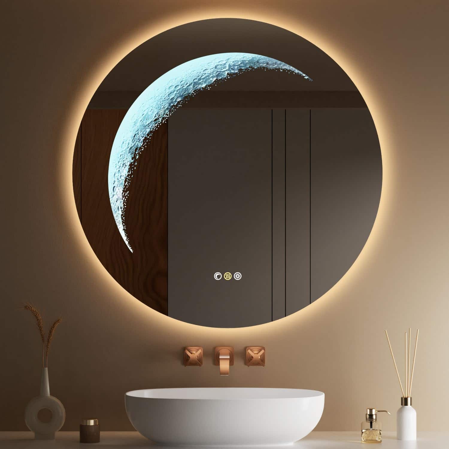 Earthley Blooms - Round Mirror Circle With Backlit Half Moon Light Anti-fog Modes Dimming Wall-mounted Led Mirrors For Rama - Frameless-round-30"L x 30"W