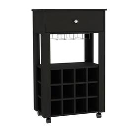 TuHome - Memphis Bar Cart, Twelve Built-In Wine Rack, Casters, Drawer, Living Room or Bar Room - Black