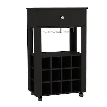 Front. TuHome - Memphis Bar Cart, Twelve Built-In Wine Rack, Casters, Drawer, Living Room or Bar Room - Black.