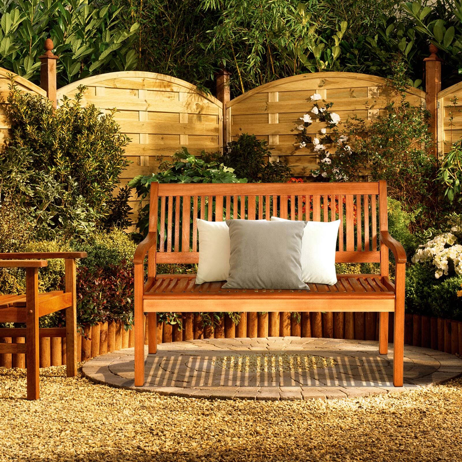 Angle. SlickBlue - Two-Person Solid Wood Garden Bench with Curved Backrest and Wide Armrests - Natural.