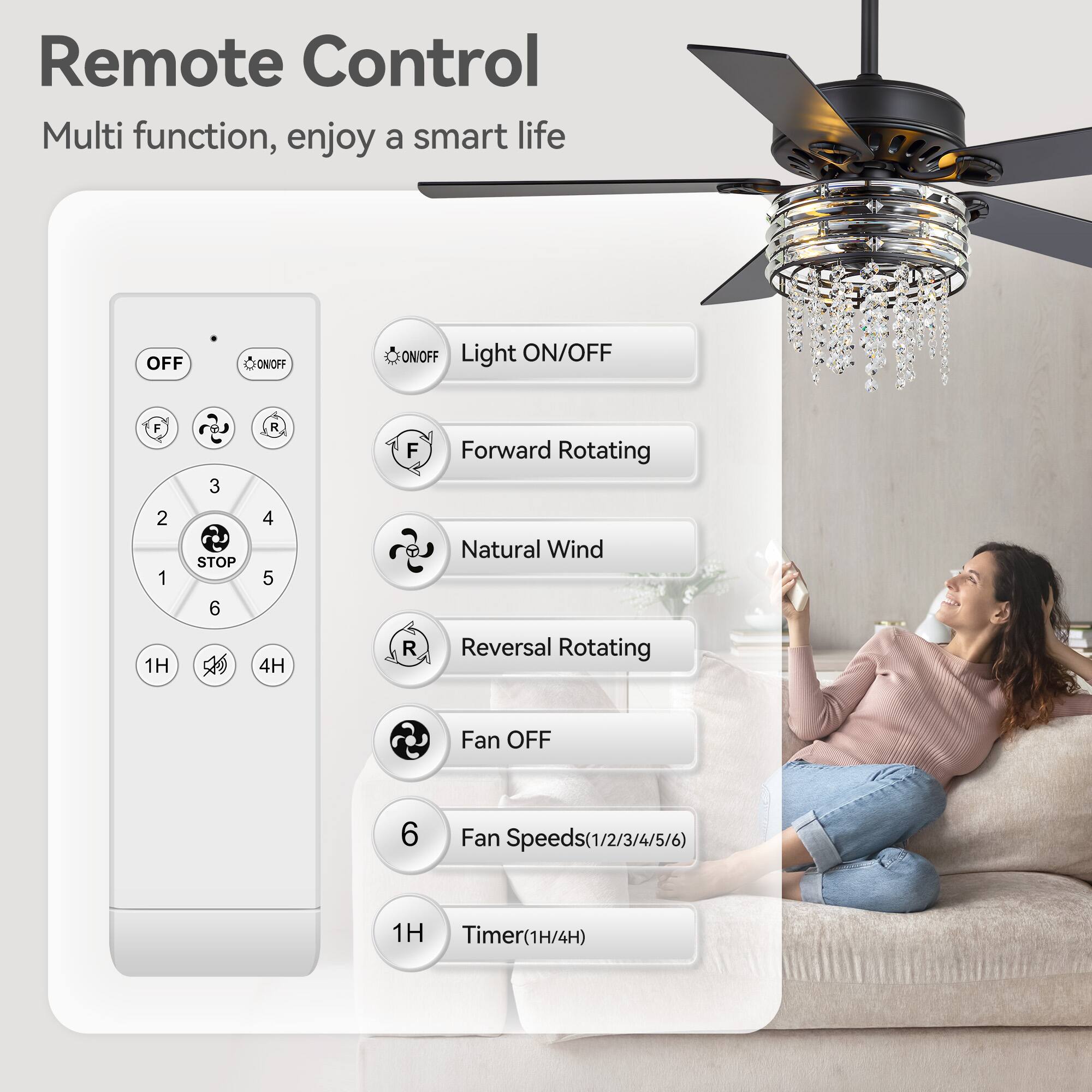 Remote Control  
Multi function, enjoy a smart life  

- OFF  
- ON/OFF  
- Light ON/OFF  
- Forward Rotating  
- Natural Wind  
- Reversal Rotating  
- Fan OFF  
- Fan Speeds (1/2/3/4/5/6)  
- Timer (1H/4H)  

Buttons:  
- OFF  
- ON/OFF  
- Light ON/OFF  
- Forward Rotating  
- Natural Wind  
- Reversal Rotating  
- Fan OFF  
- Fan Speeds (1/2/3/4/5/6)  
- Timer (1H/4H)