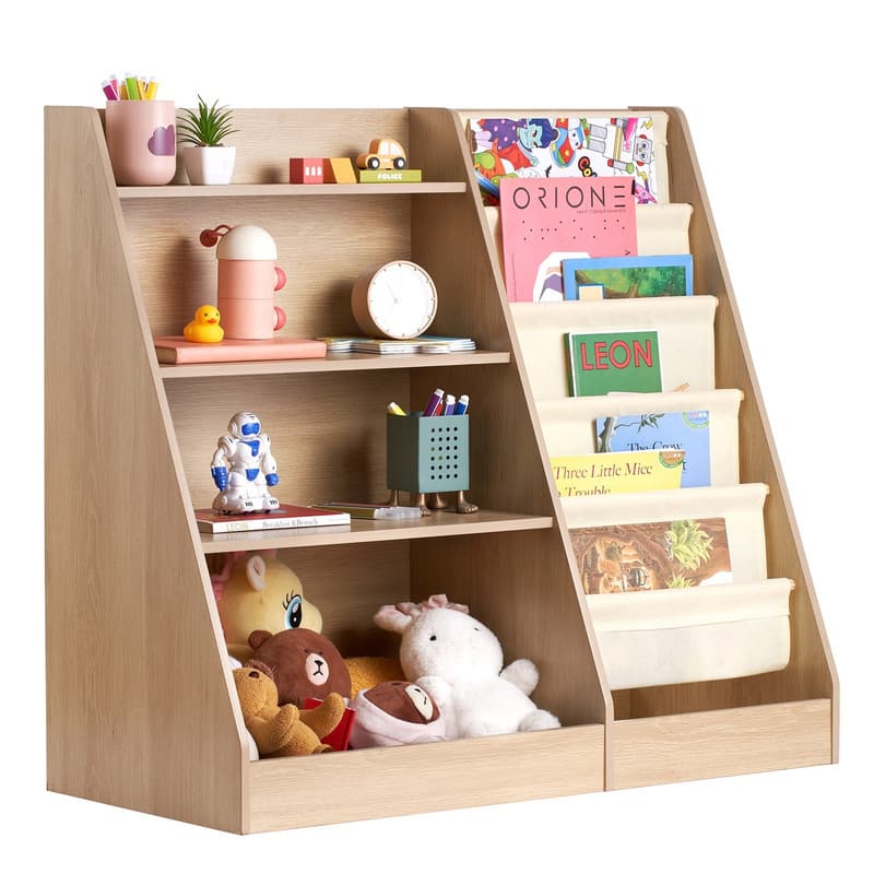 HTUTWOO - 4-Tier Wooden Kids Bookshelf with 6-Layer Sling Book Rack, Toy Storage Organizer for Toddlers, Kids Room Playroom - Off-white