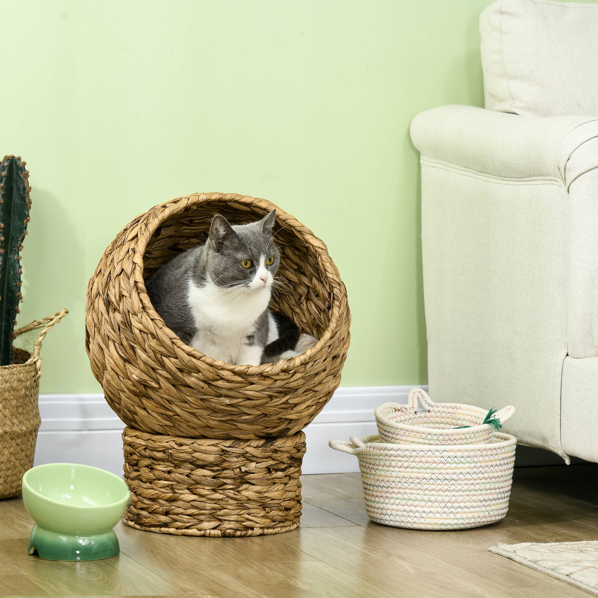 Angle. Pawhut - Handwoven Elevated Cat Bed, Soft Cushion, Cat Egg Chair Shape, with Stand, Raised Wicker, Indoor, 20.5" H.