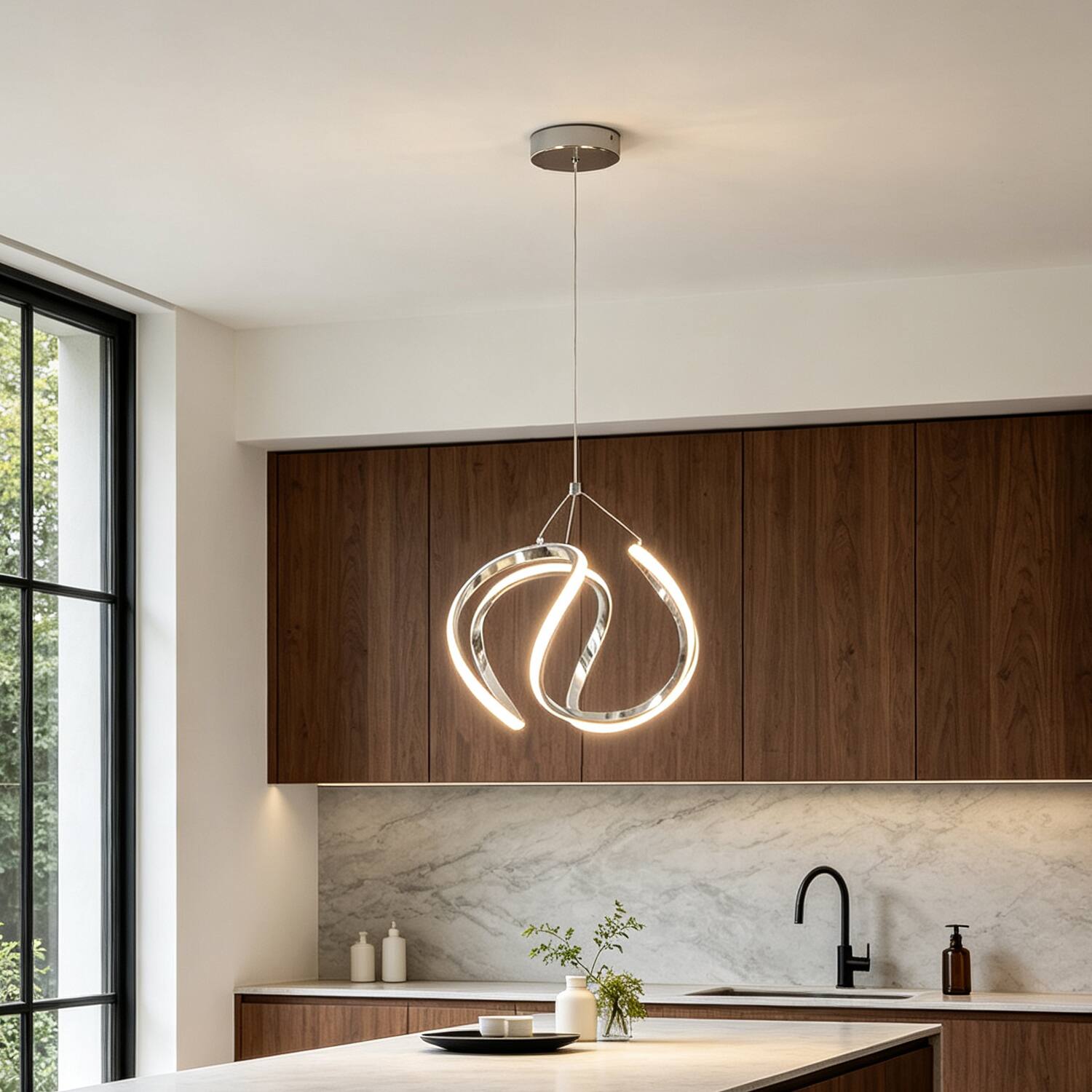 Angle. Umeiluce - 15.7 In Modern LED Pendant Light 3000K Dimmable - Chrome.