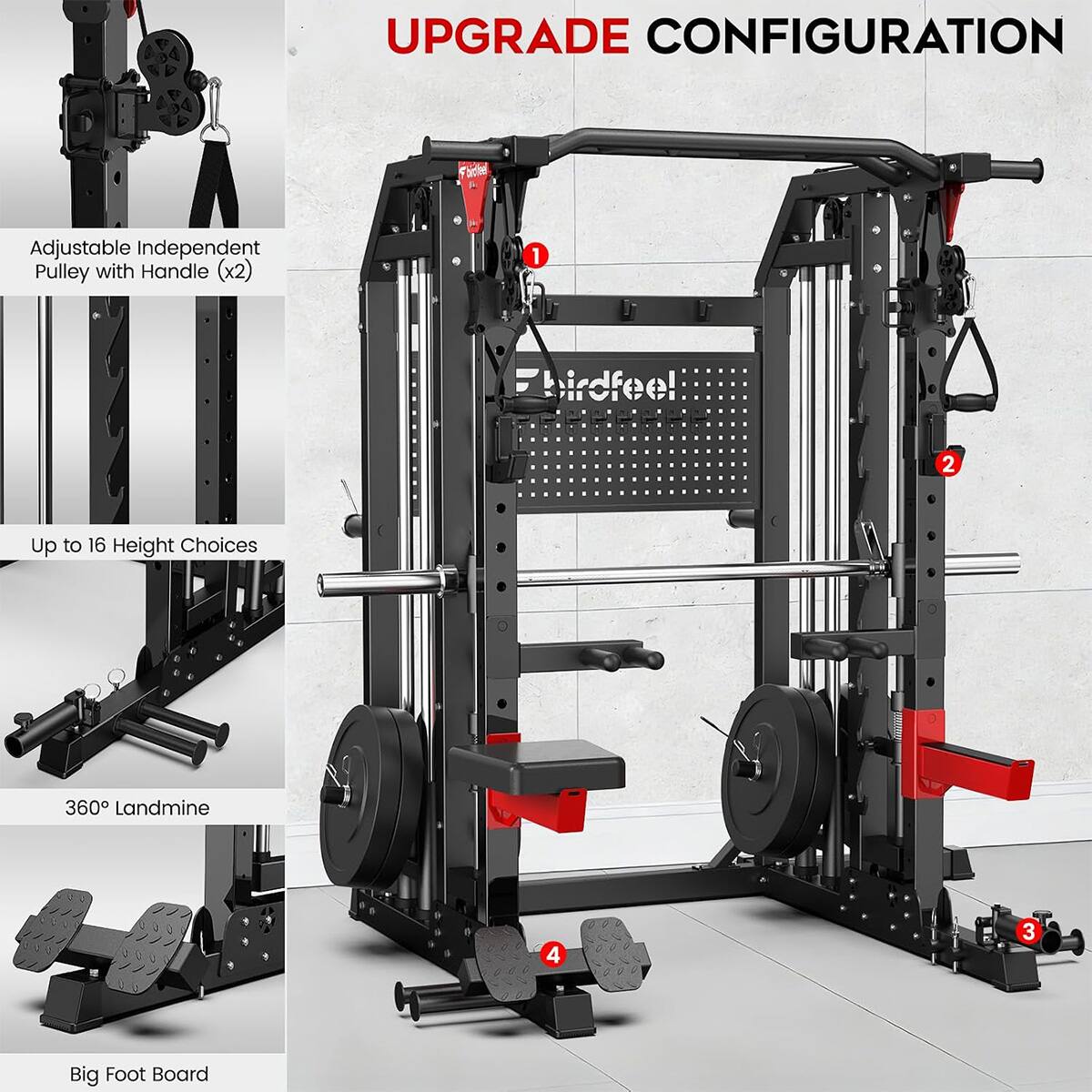 UPGRADE CONFIGURATION

1. Adjustable Independent Pulley with Handle (x2)
2. Up to 16 Height Choices
3. 360° Landmine
4. Big Foot Board