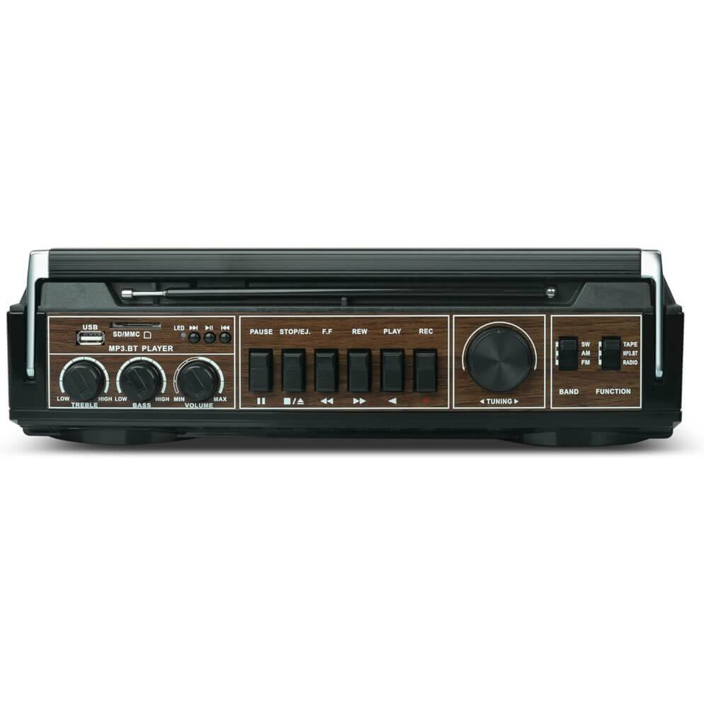 USB SD/MMC MP3.BT PLAYER  
LED  
PAUSE STOP/EJ. F.F  
REW PLAY REC  
LOW TREBLE HIGH BASS HIGH MIN VOLUME MAX  
SW TAPE WLST RADIO  
B/A TUNING BAND FUNCTION  
FM  
RADIO